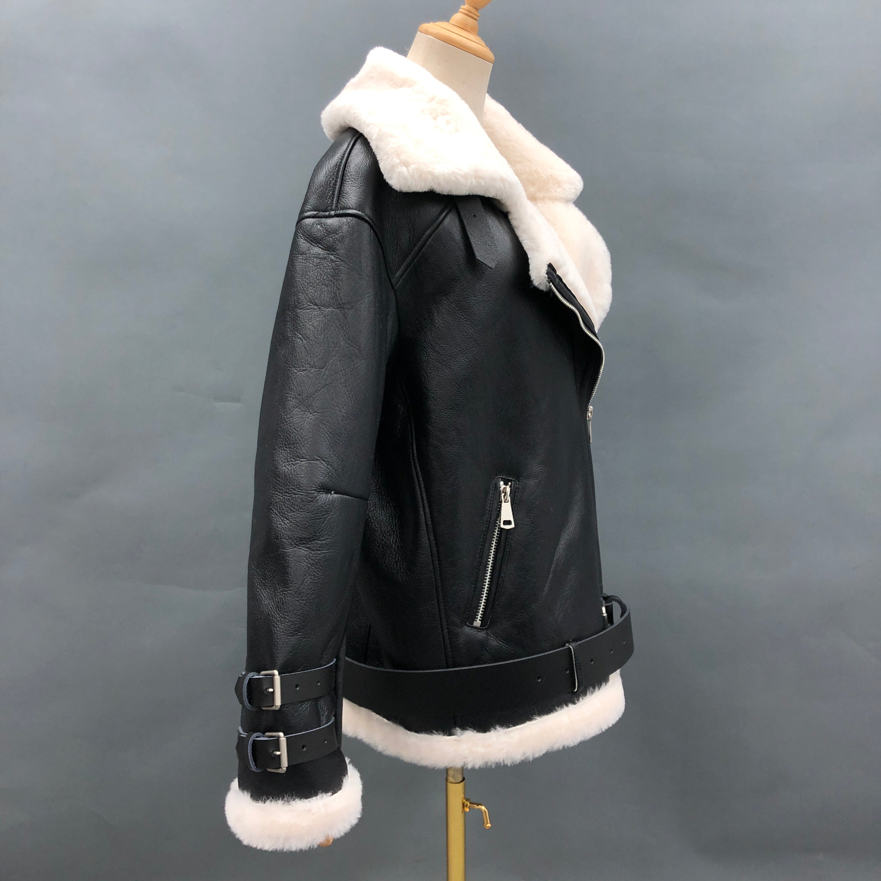 Women's Shearling Biker Jacket with Buckle Strap Cuffs & Contrast Fur Trim - Luxe Moto-Style Outerwear