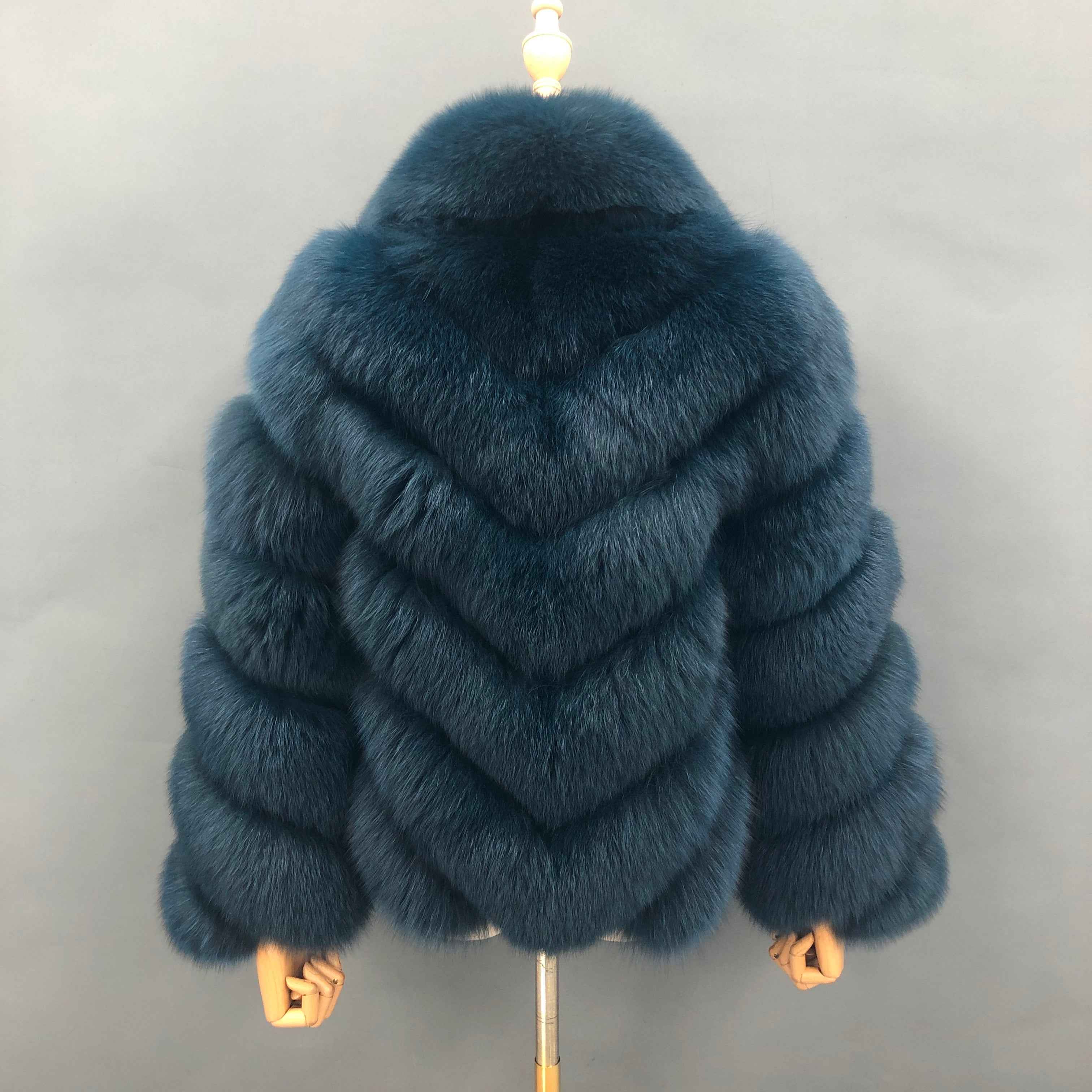 Janefur Fox Fur Coat with Chevron Stripe & Notched Collar - Short Winter Jacket
