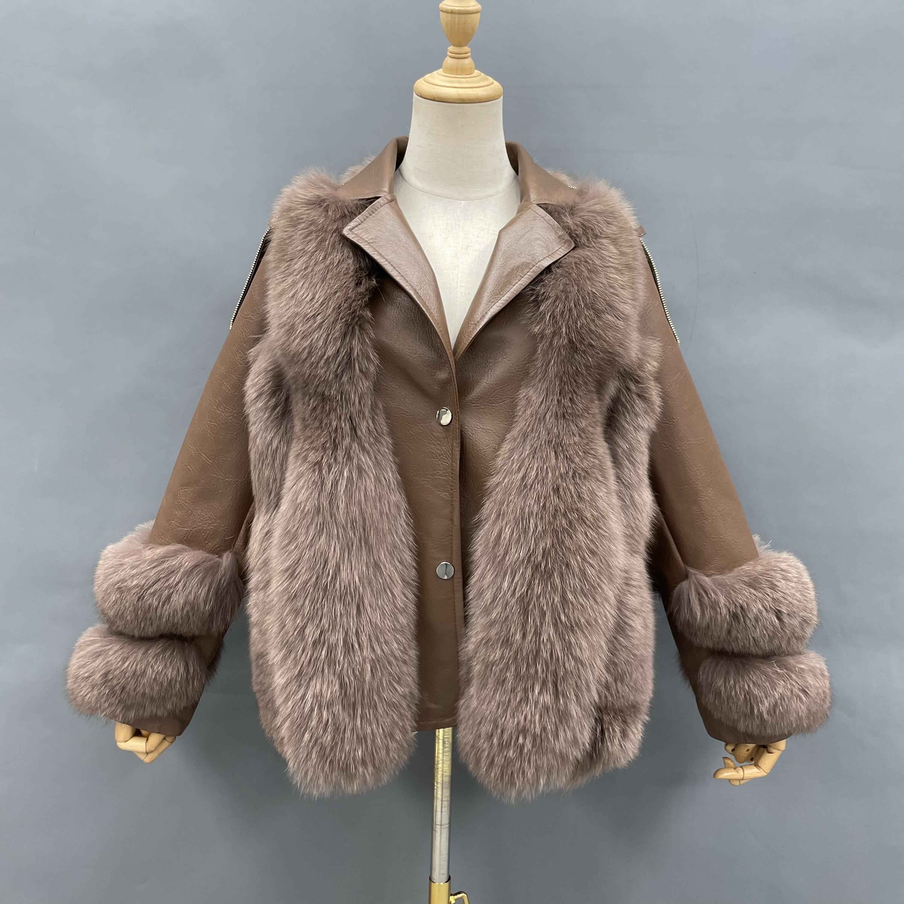 Women's Luxury Fox Fur & Leather Patchwork Jacket - Notched Lapel with Fur-Cuffed Sleeves & Shoulder Strap Detail Winter Fashion Outerwear Brown