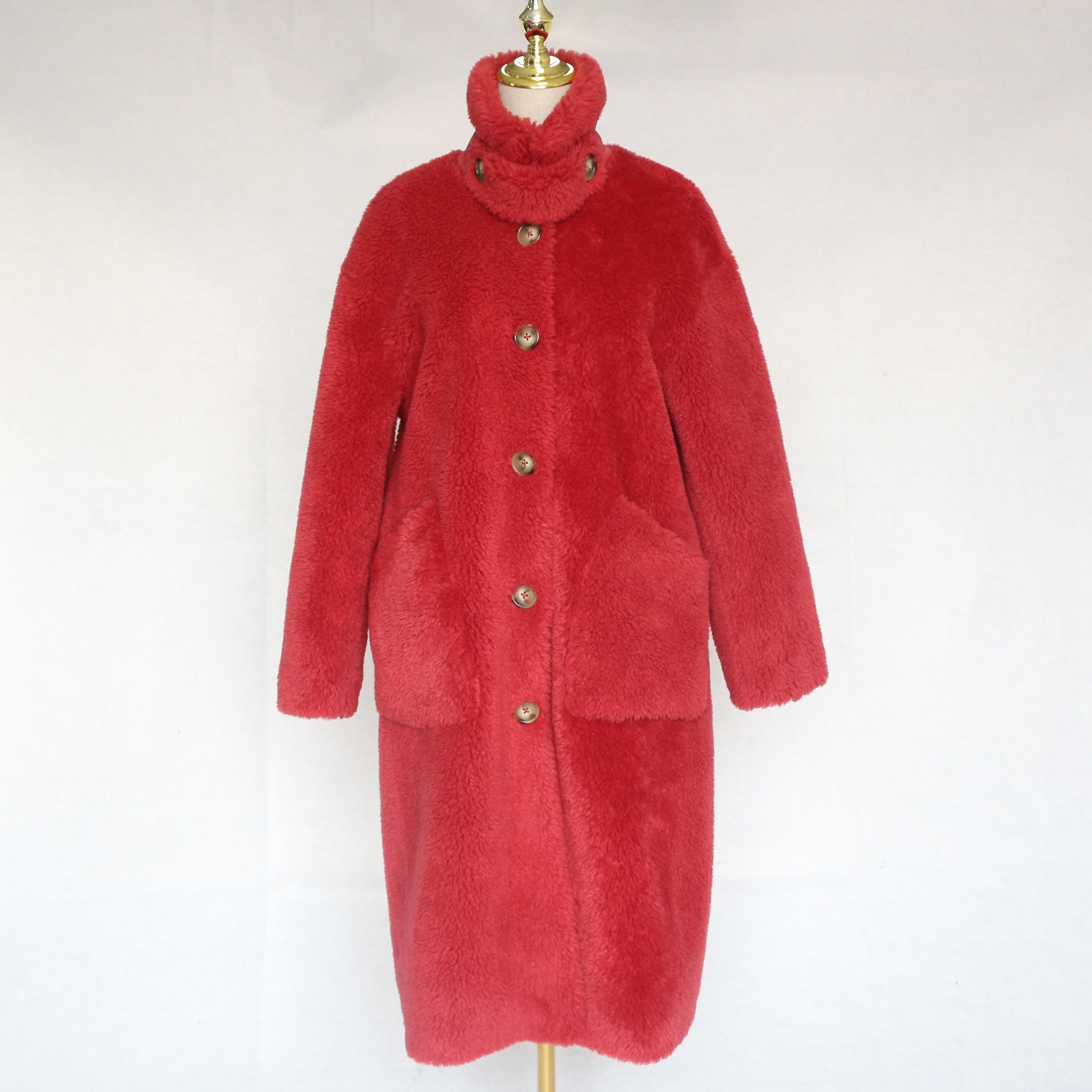 Women's Red Long Sheepskin Shearling Coat with Stand Collar & Button Front - Warm Winter Outerwear