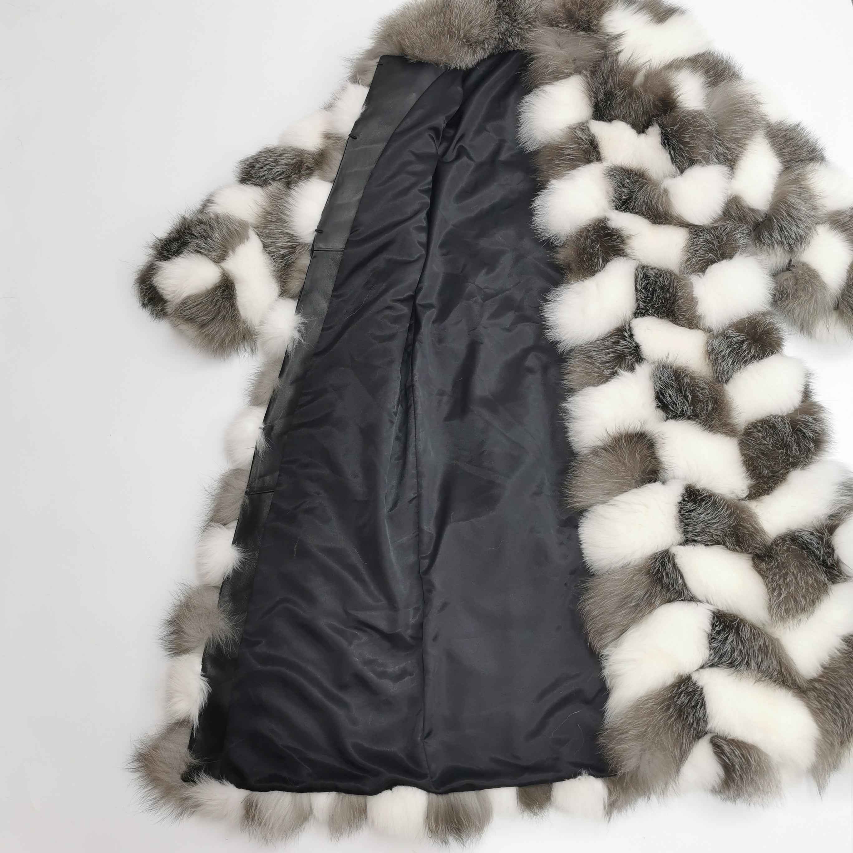 Geometric Fox Fur Checkered Coat - High-End Color Block Winter Fashion