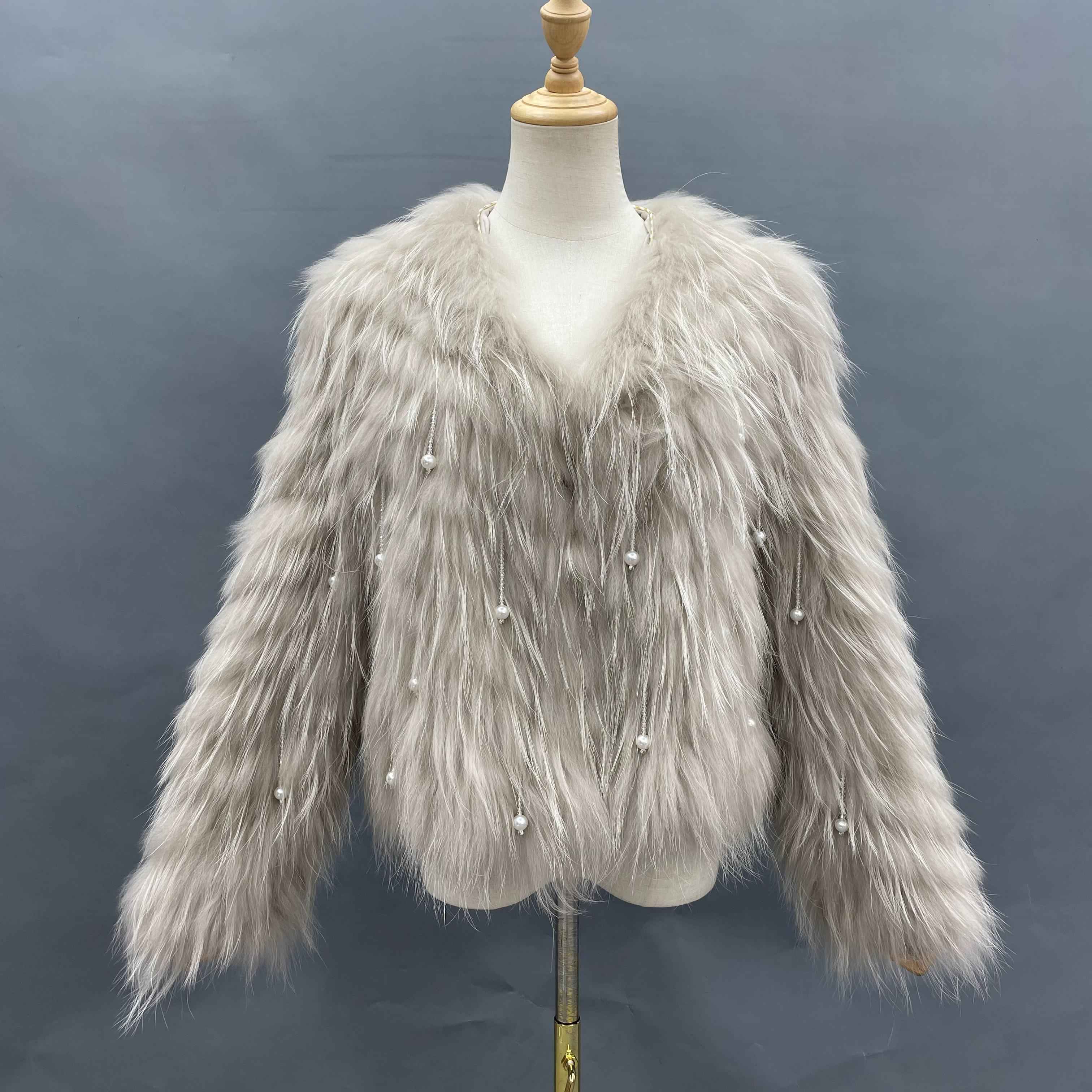 Women's Glam Turquoise Raccoon Fur Jacket - Pearl Tassel Striped Cropped Party Outerwear