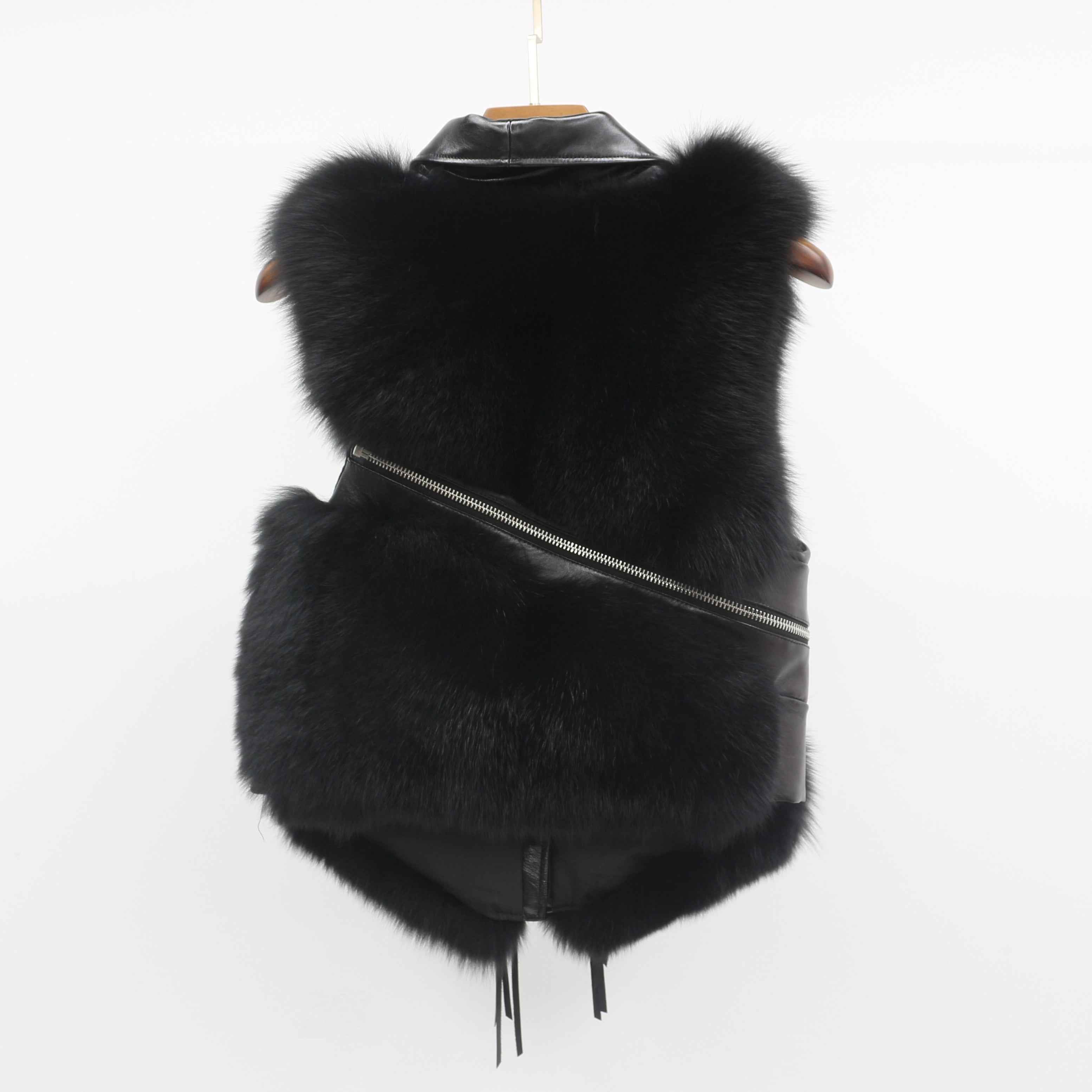 Women's Edgy Fox Fur Vest - Asymmetric Zipper Detail Fashion Outerwear