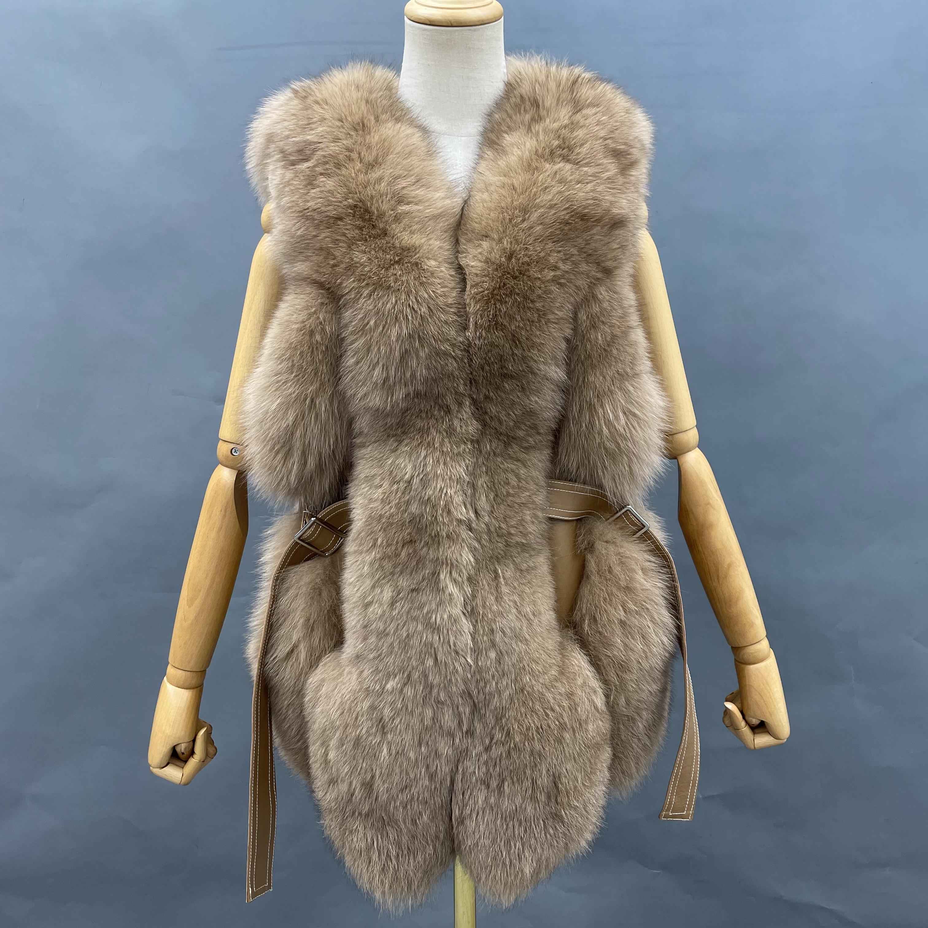 Women's Luxury Fox Fur Coat with Leather Buckle & Flowing Strap - Tufted Detail Designer Outerwear Camle