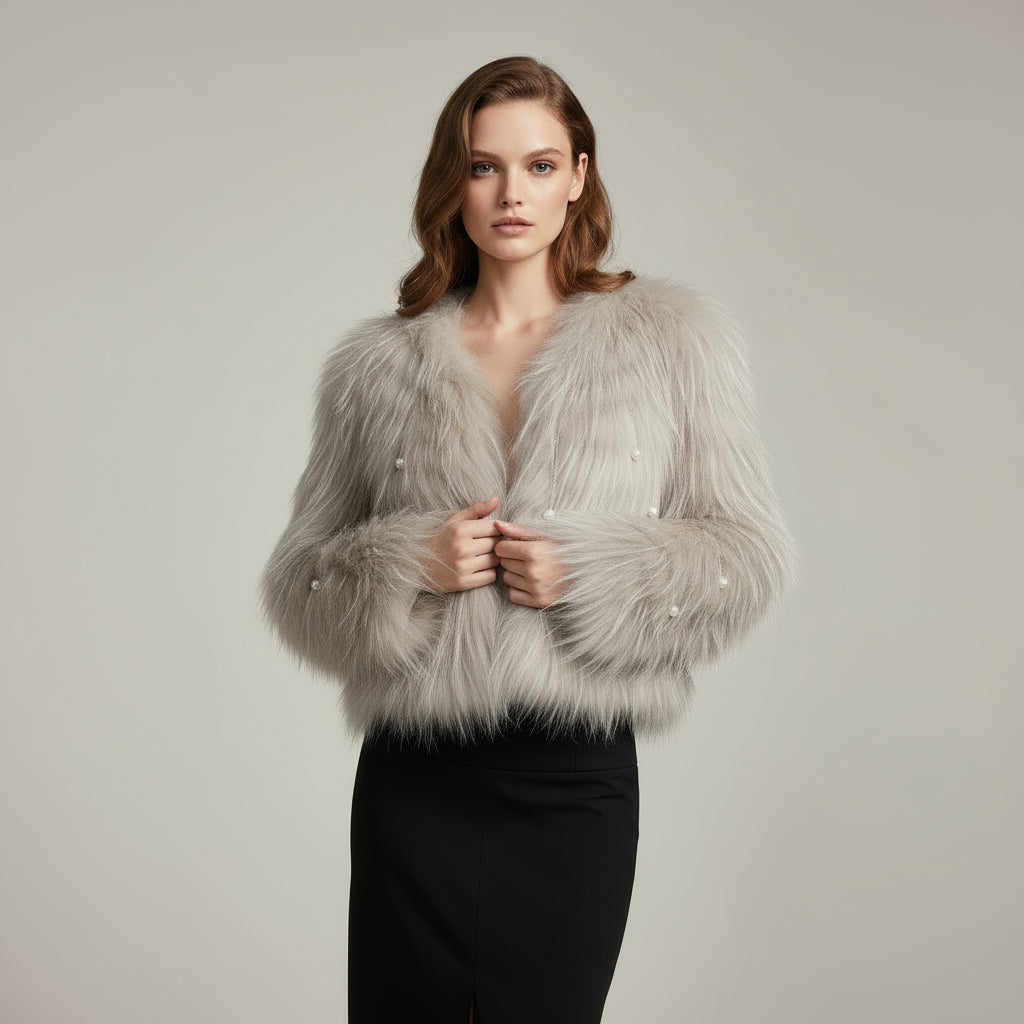 Women's Glam Turquoise Raccoon Fur Jacket - Pearl Tassel Striped Cropped Party Outerwear Light Khaki F-CHEST 100