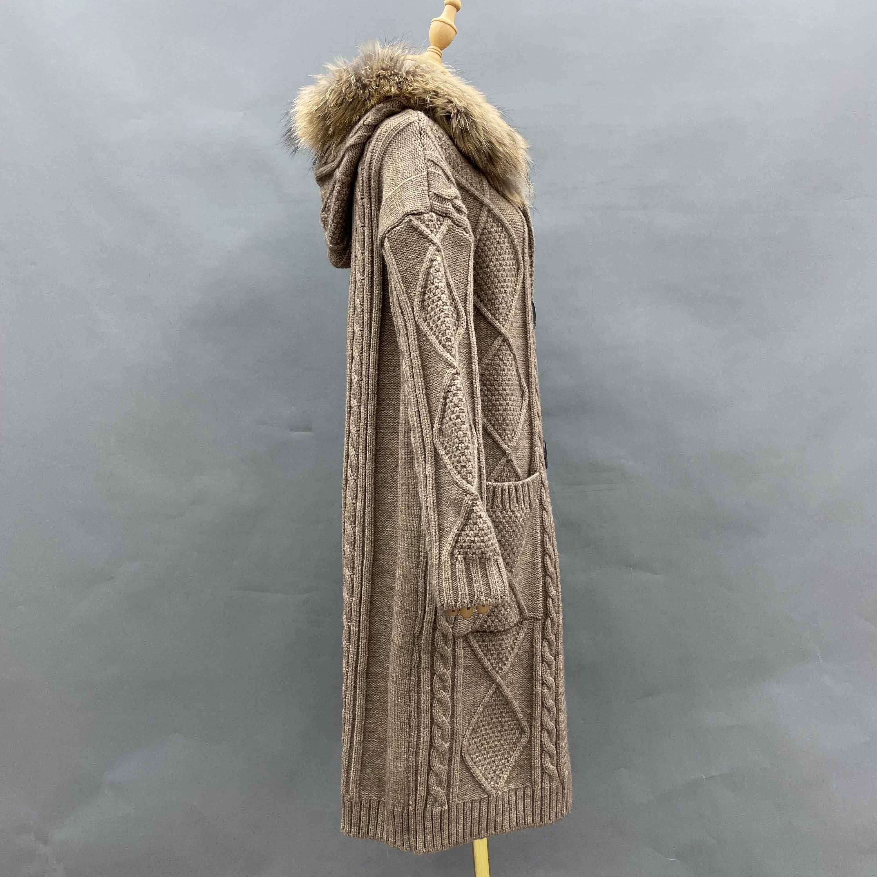 Women's Hooded Knitted Coat with Raccoon Fur-Trimmed Hood, Oversized Buttons & Cable-Knit Pattern - Cozy Winter Outerwear