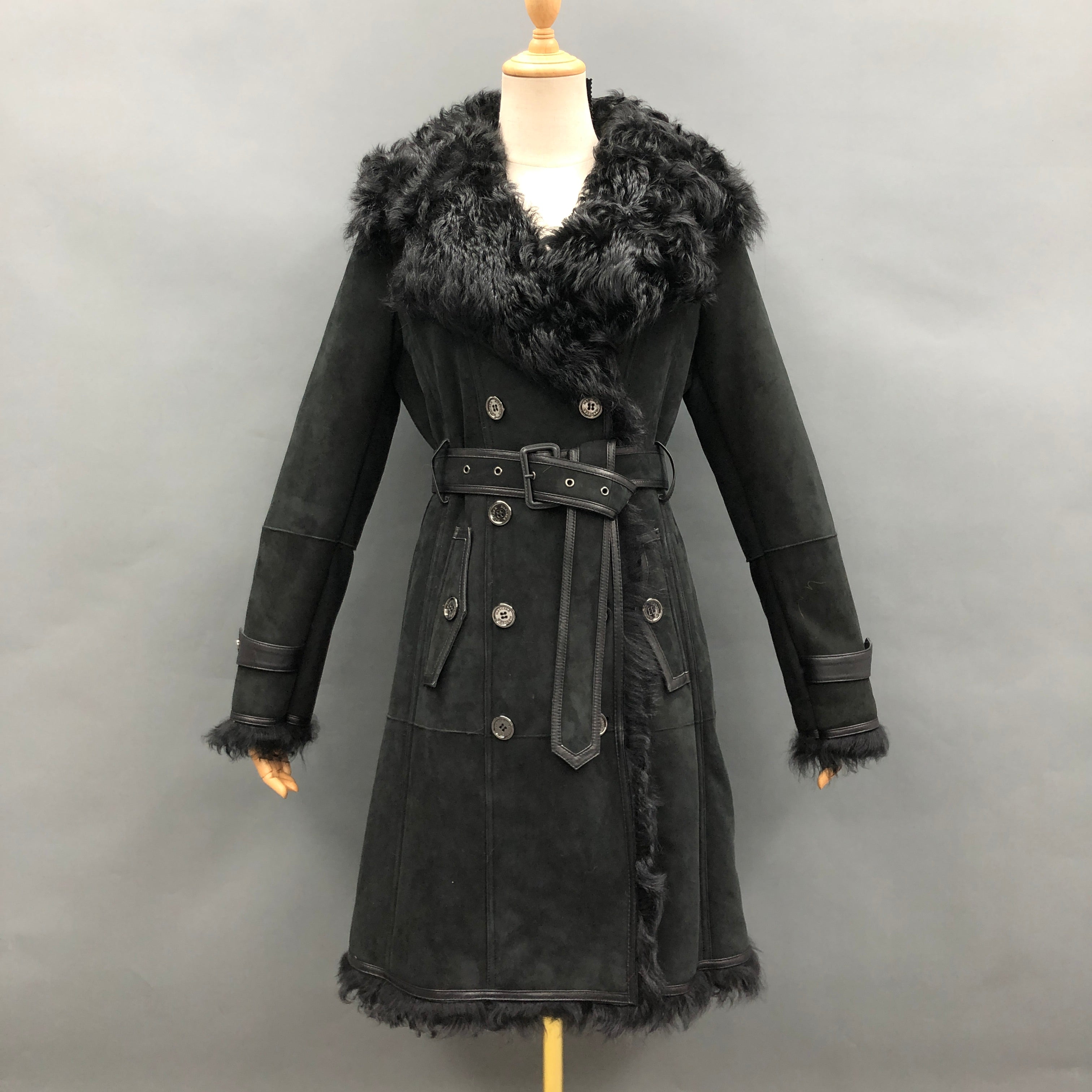 Women's Longline Double-Breasted Shearling Coat with Belted Waist, Fur Collar & Trim - Luxe Winter Outerwear Black
