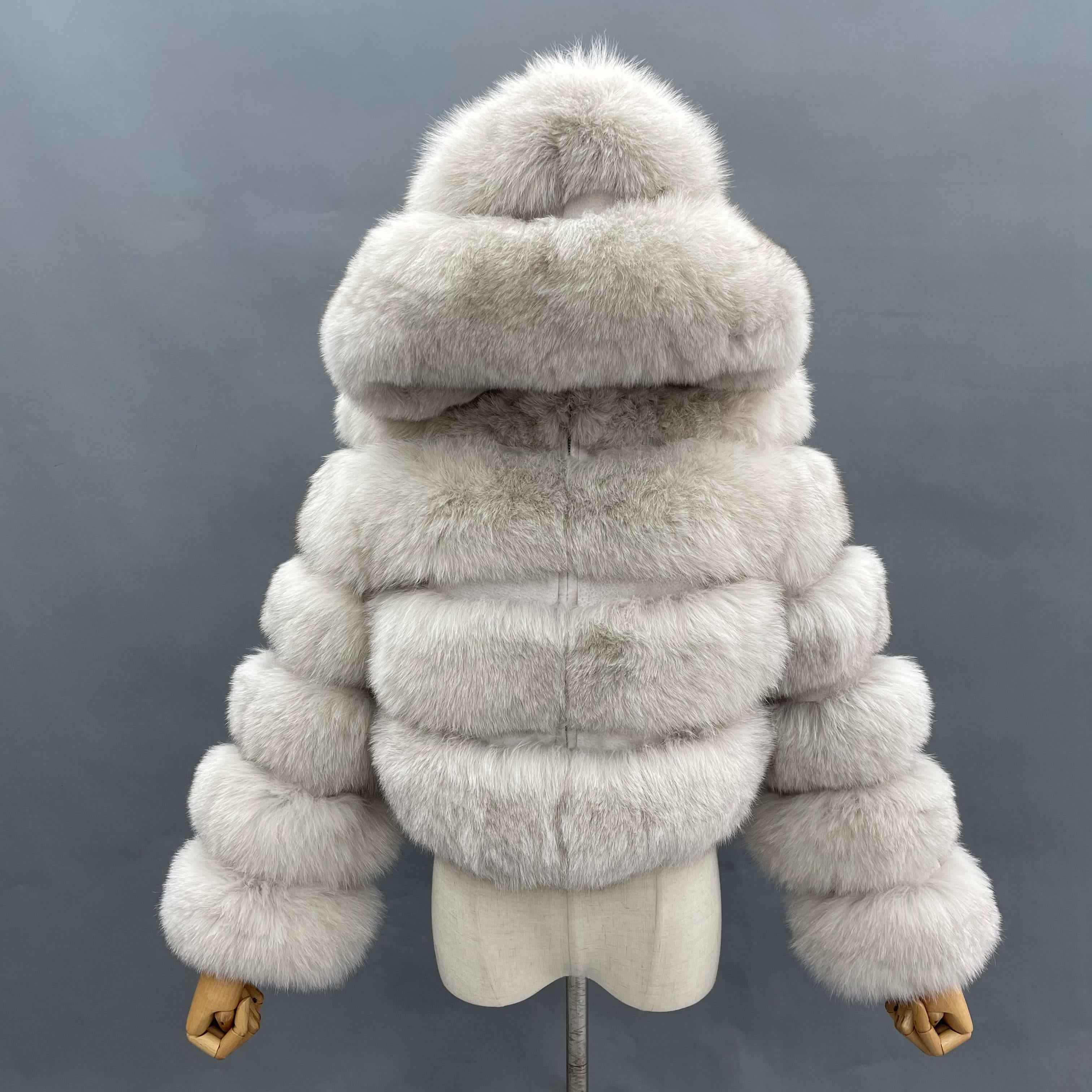 Women's Premium Fox Fur Hooded Short Coat - Layered Design Winter Fashion Warm Jacket Grey