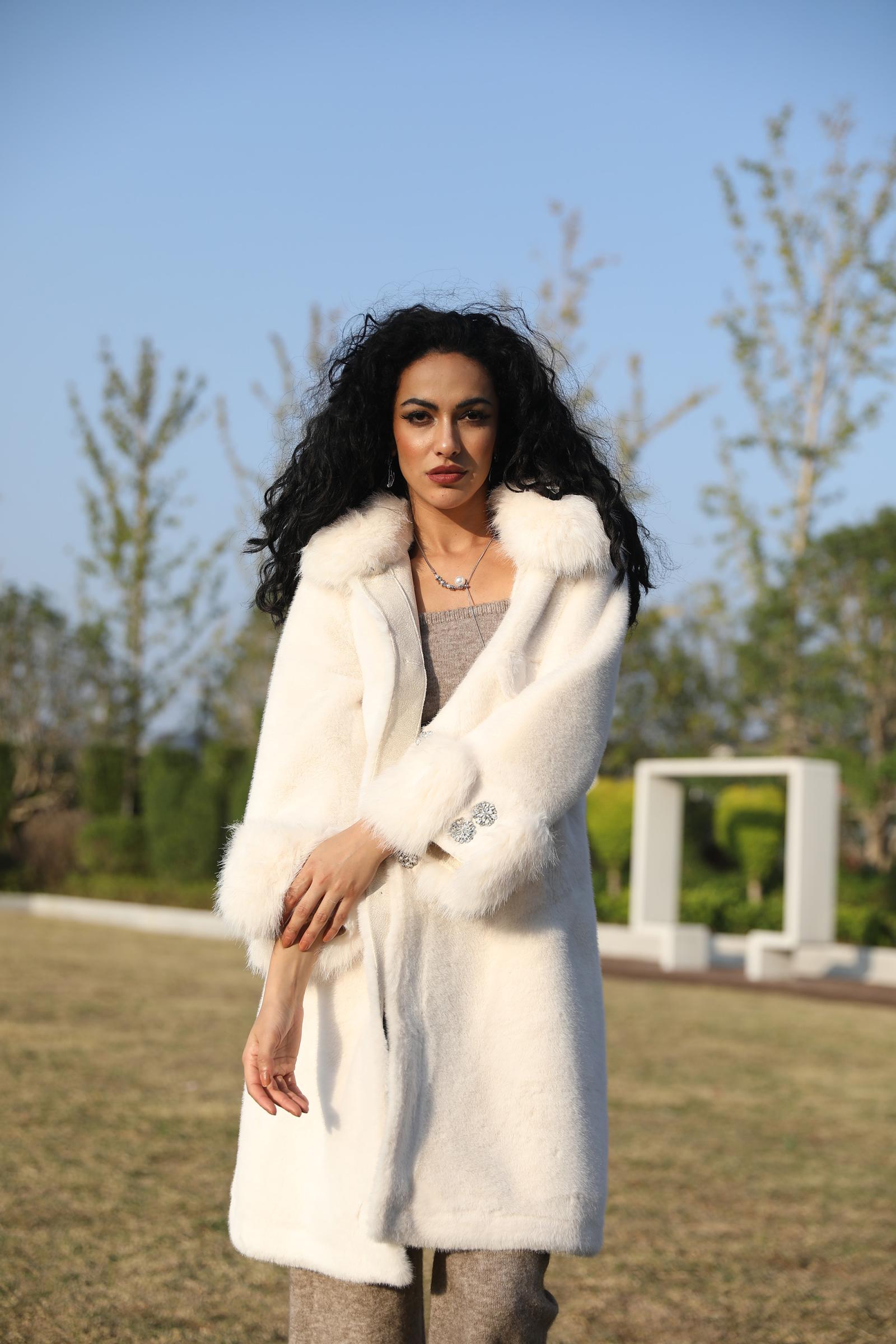 Eco-Friendly Mink Fur Faux Mink Fur Women's Jacket with Square Collar and Rhinestone Buttons