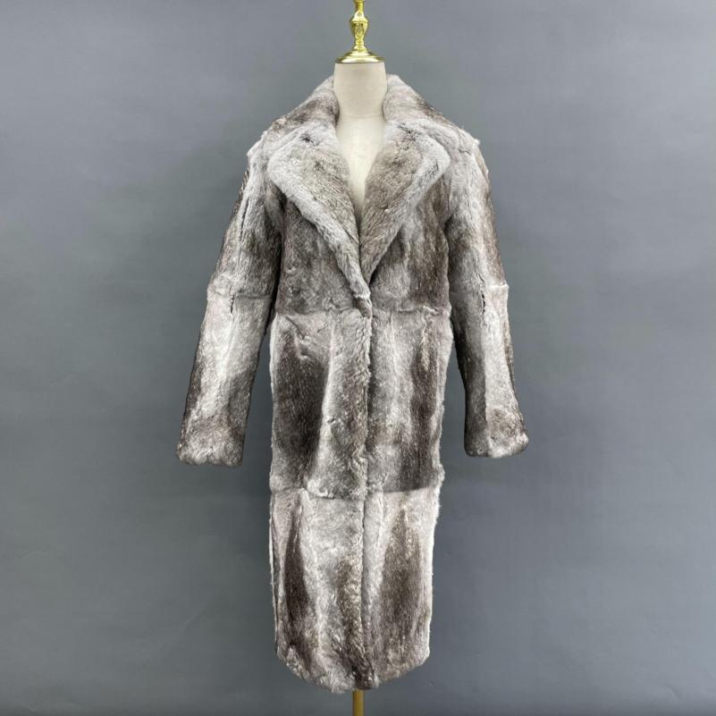 High Quality Men's Real Natural Fur Long Coat With Lapel Men's Rabbit Fur Coat Grey