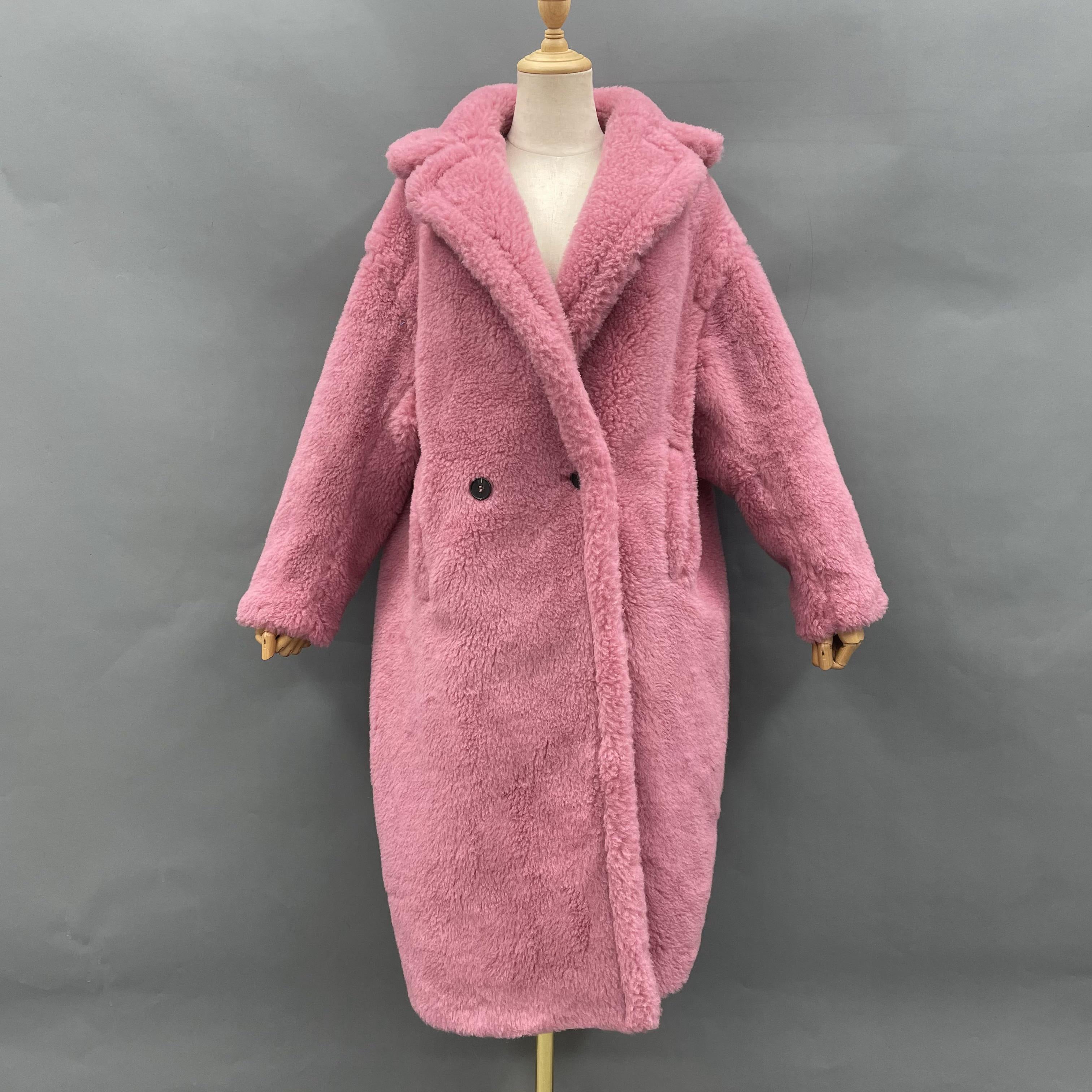 Women's Teddy Fleece Long Coat with Double-Breasted Notched Lapel - Luxe Winter Outerwear