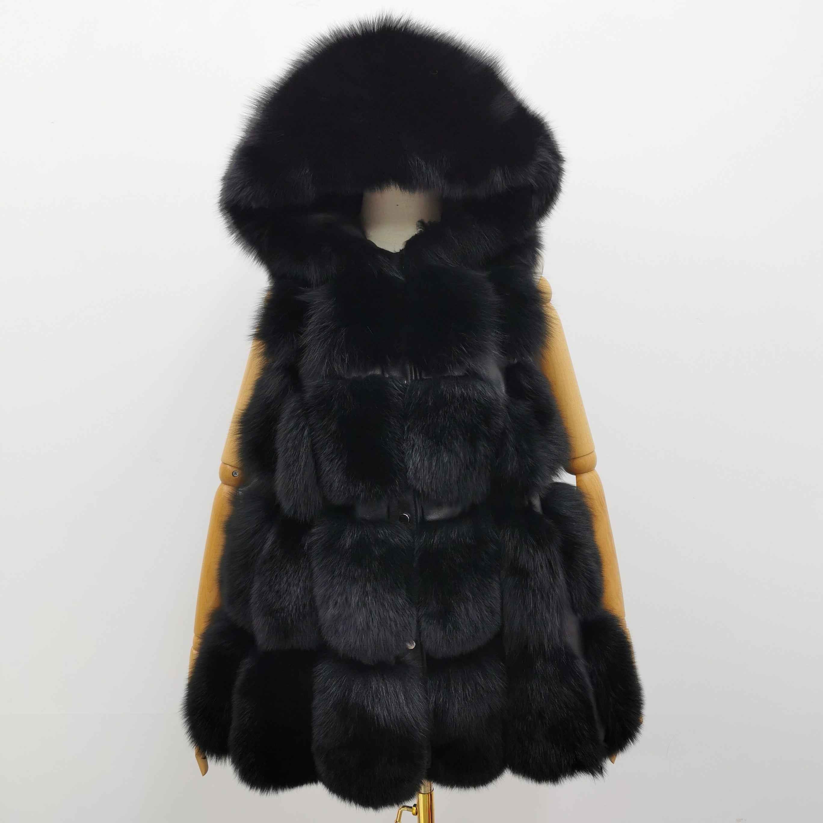 Women's Hooded Fox Fur Vest with Flared Hem - Early Winter Luxe Outerwear Black