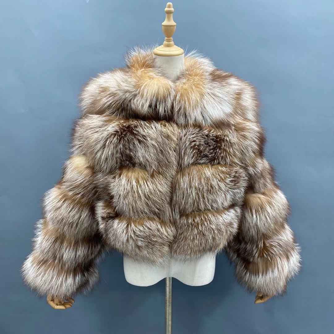 Women's Luxury Cropped Fox Fur Jacket - Layered Stand Collar Winter Fashion Statement Outerwear Animal 3