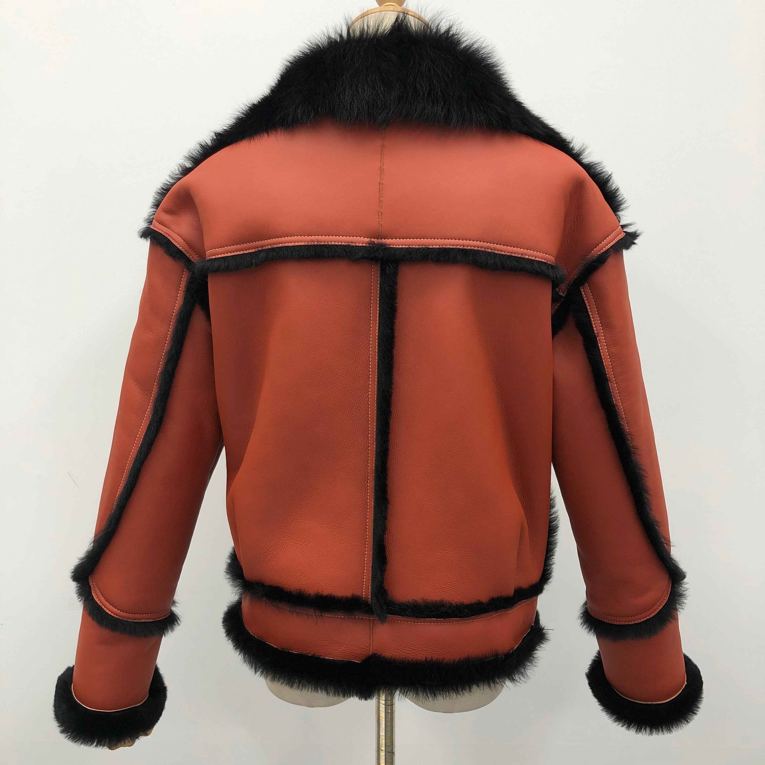 Women's Toscana Shearling Biker Jacket with Notched Lapel, Contrast Fur Trim & Belted Waist - Luxe Color-Block Outerwear