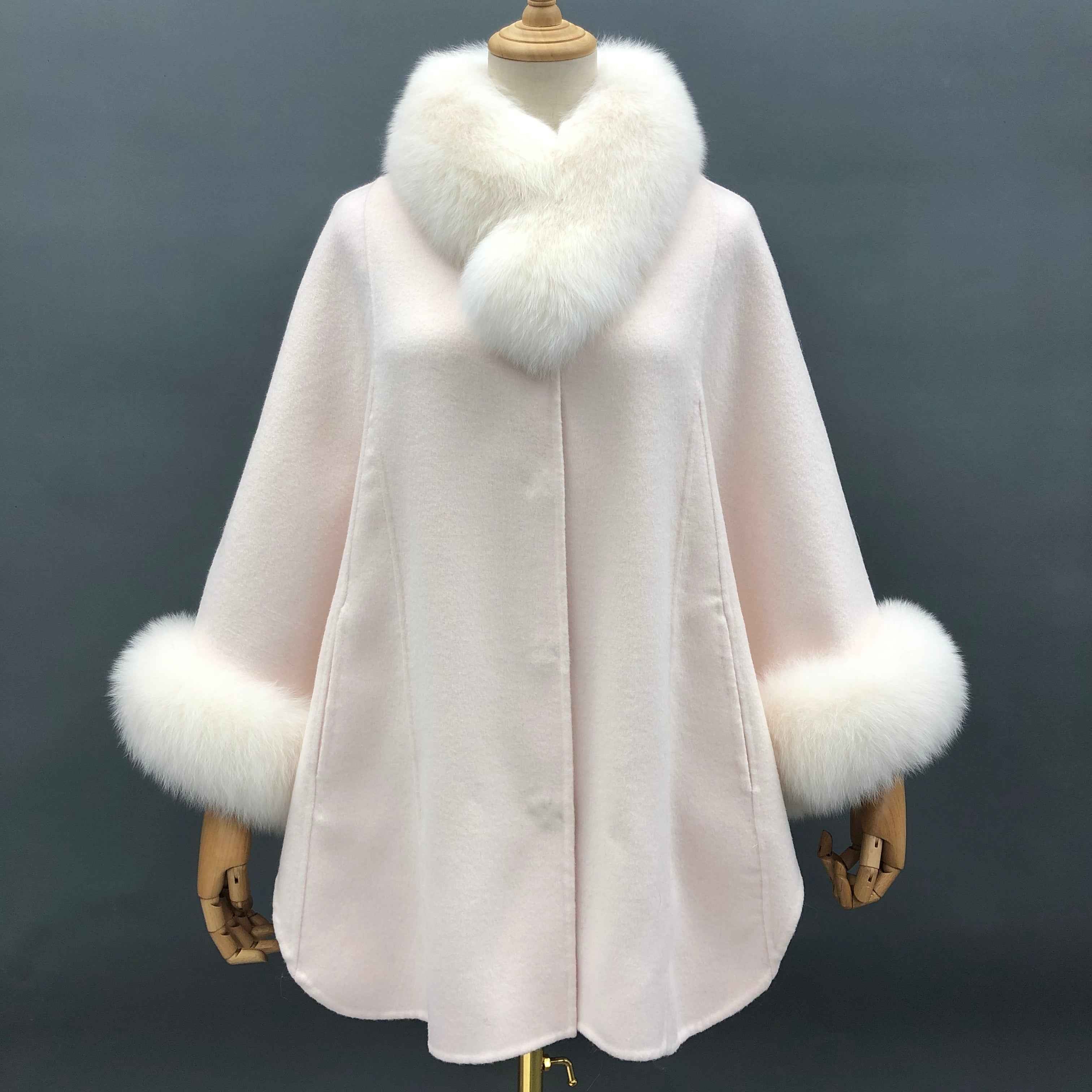 Women's White Faux Fur Trim Cape Coat, Double-Faced Wool Long Oversized Jacket for Winter Casual Outfits Light Pink F