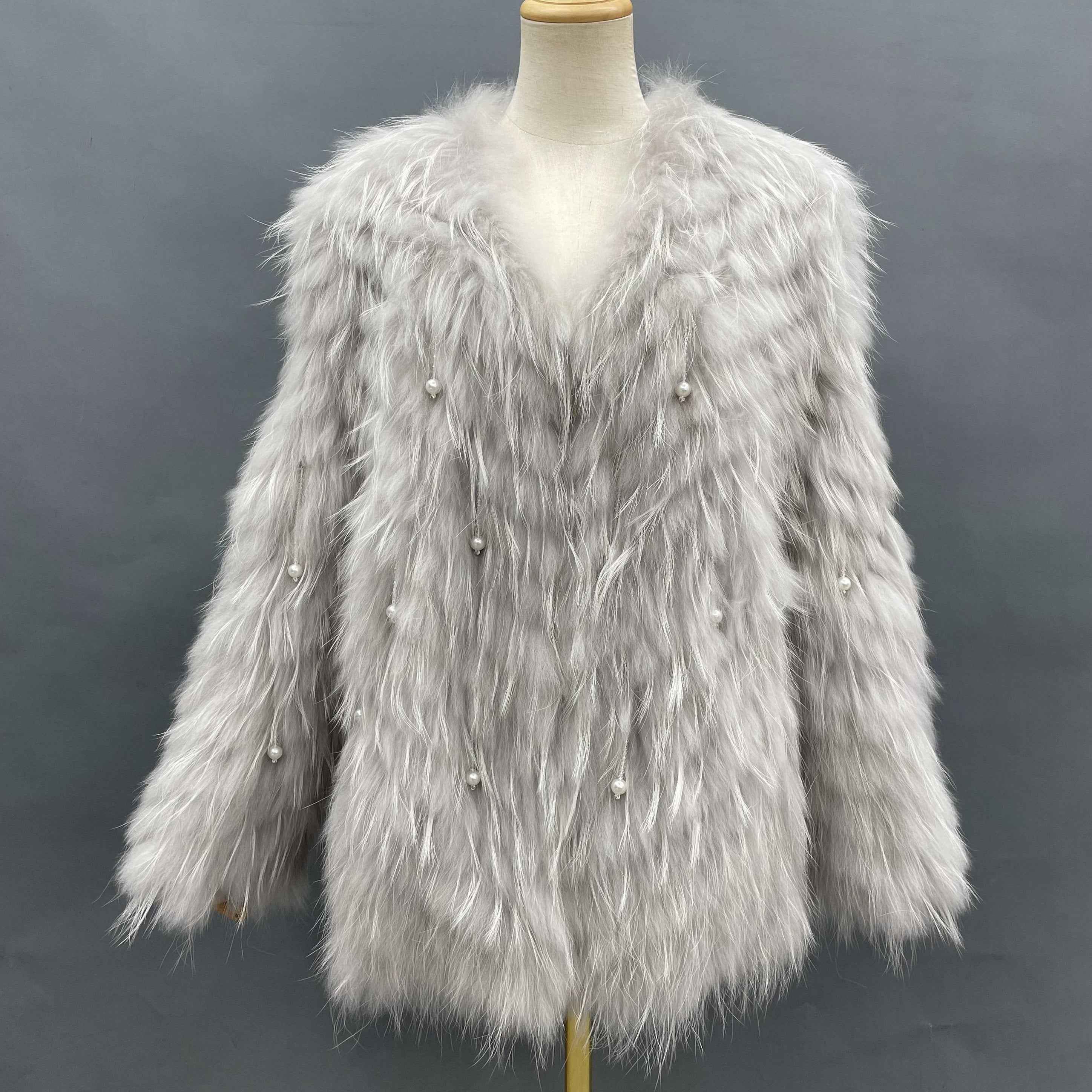 Women's Raccoon Fur Long Jacket - Pearl Tassel Party Statement Outerwear Sliver F-CHEST 100