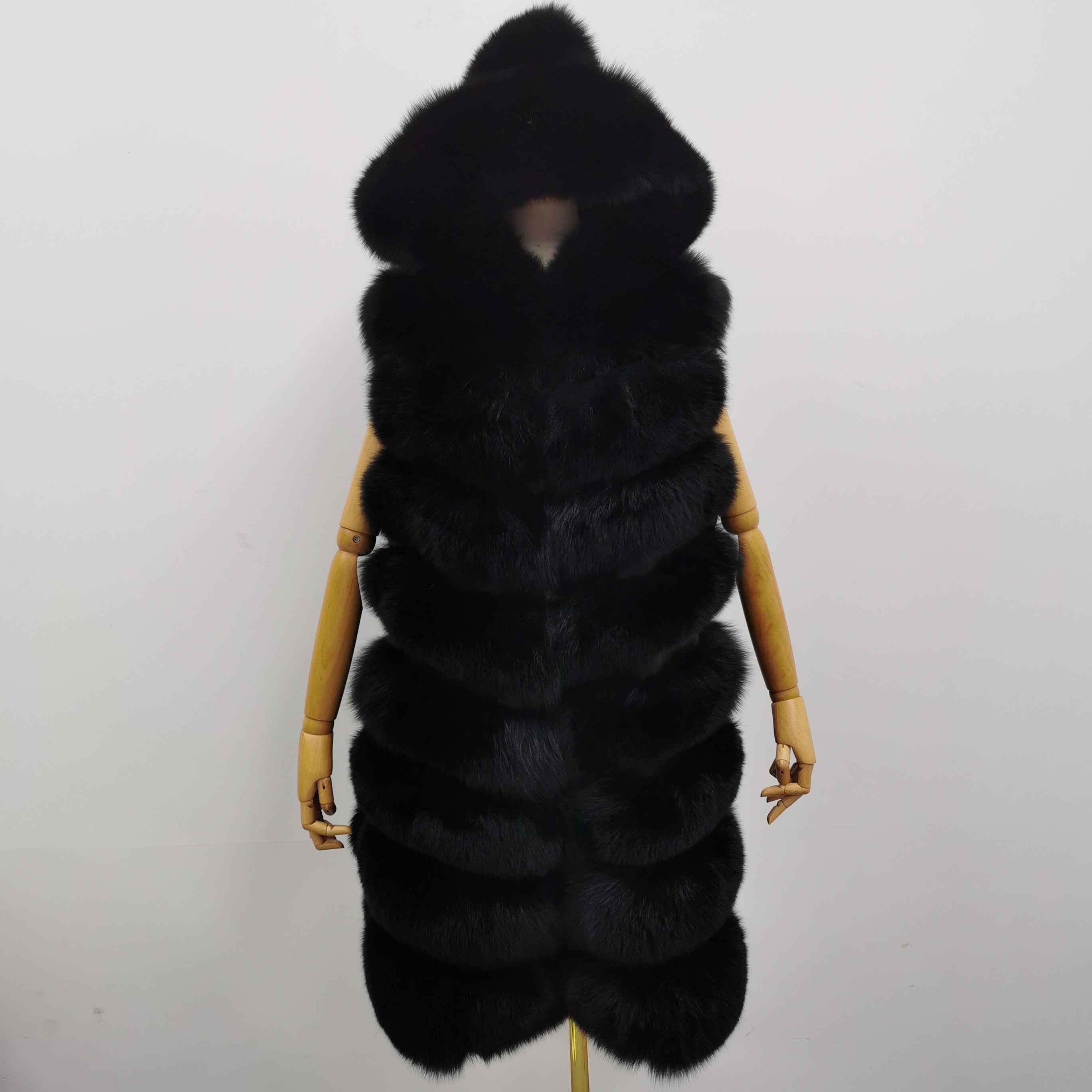 Women's 8-Panel Hooded Fox Fur Long Vest - Luxurious Outerwear Black