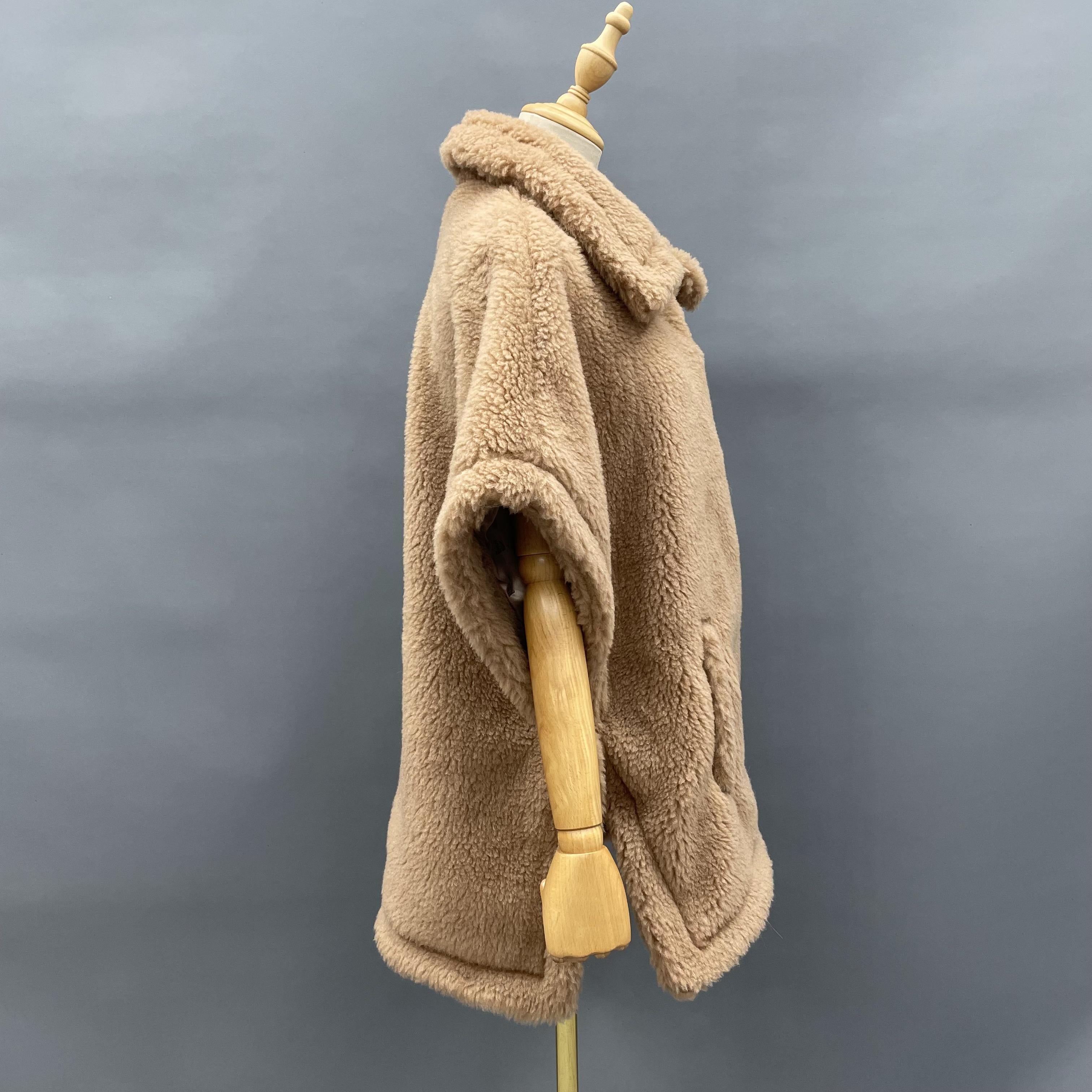 Women's Tan Teddy Fleece Poncho Coat with Notched Lapel & Pocket - Chic Winter Outerwear