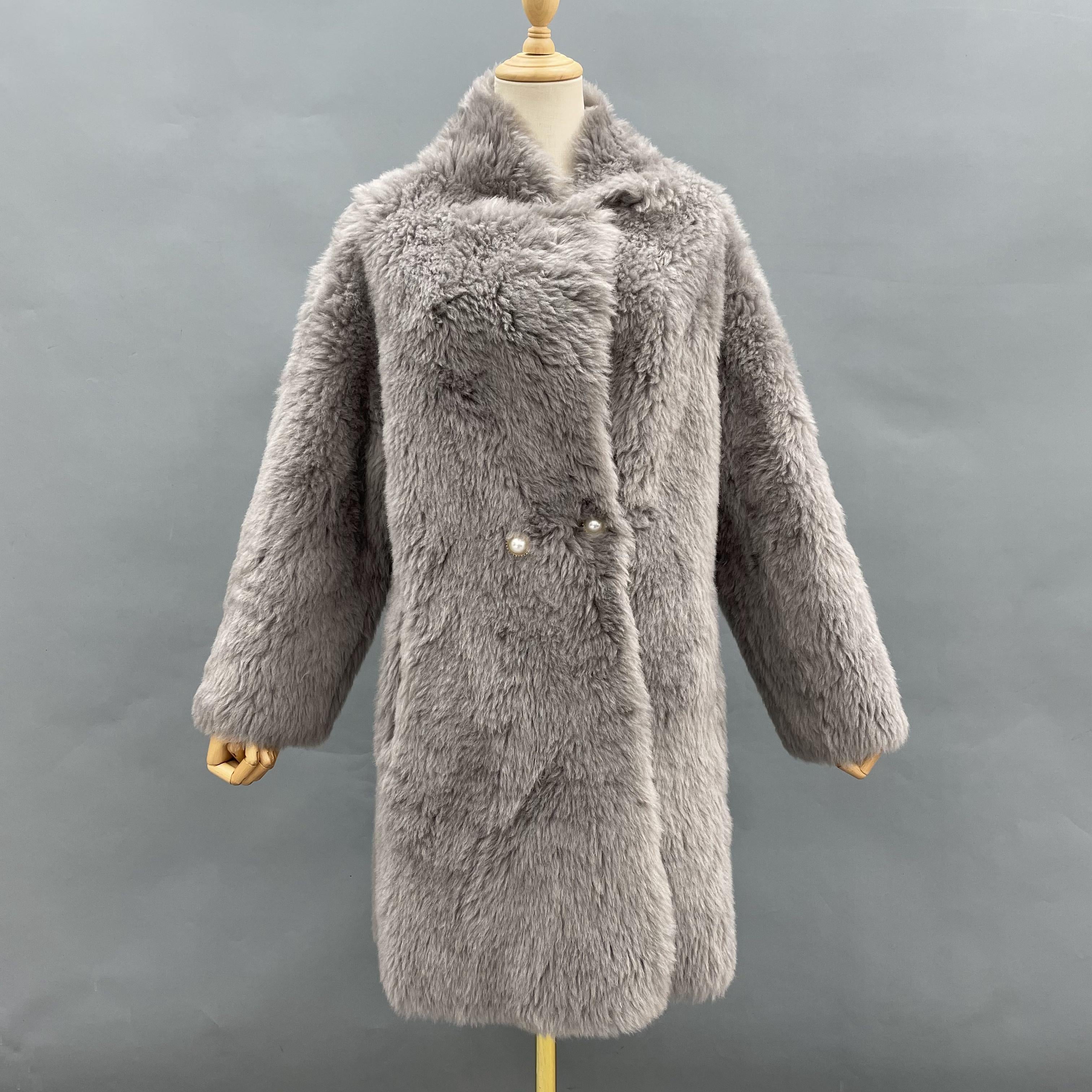 Women's Pink Sheepskin Shearling Long Coat with Stand Collar, Pearl Buttons - Classic & Versatile Winter Outerwear