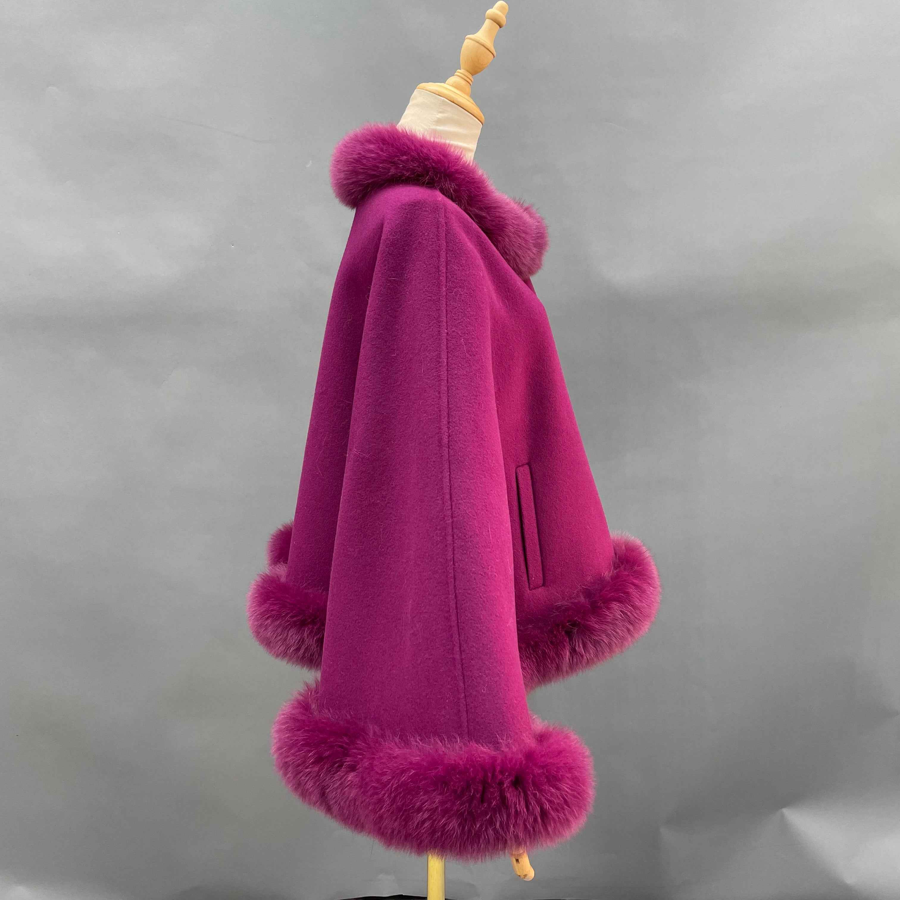 Women's French Designer Style Double-Faced Wool Cape with Fox Fur Trim at Hem - Elegant Luxury Winter Outerwear