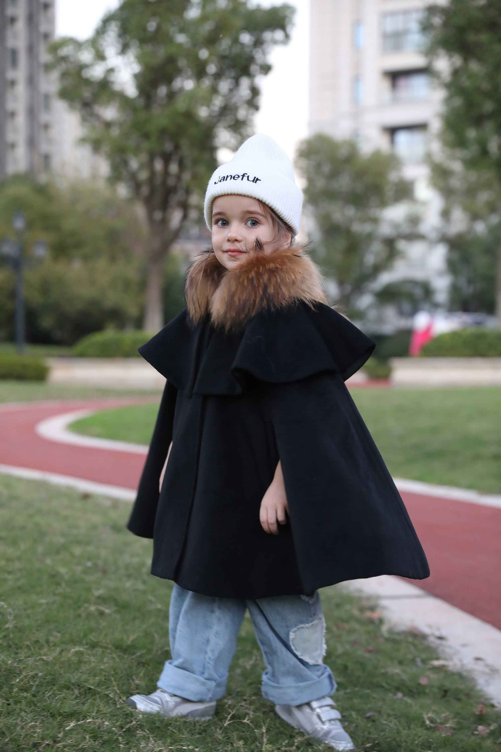 Lotus Edge Raccoon Fur Kids Cape Black