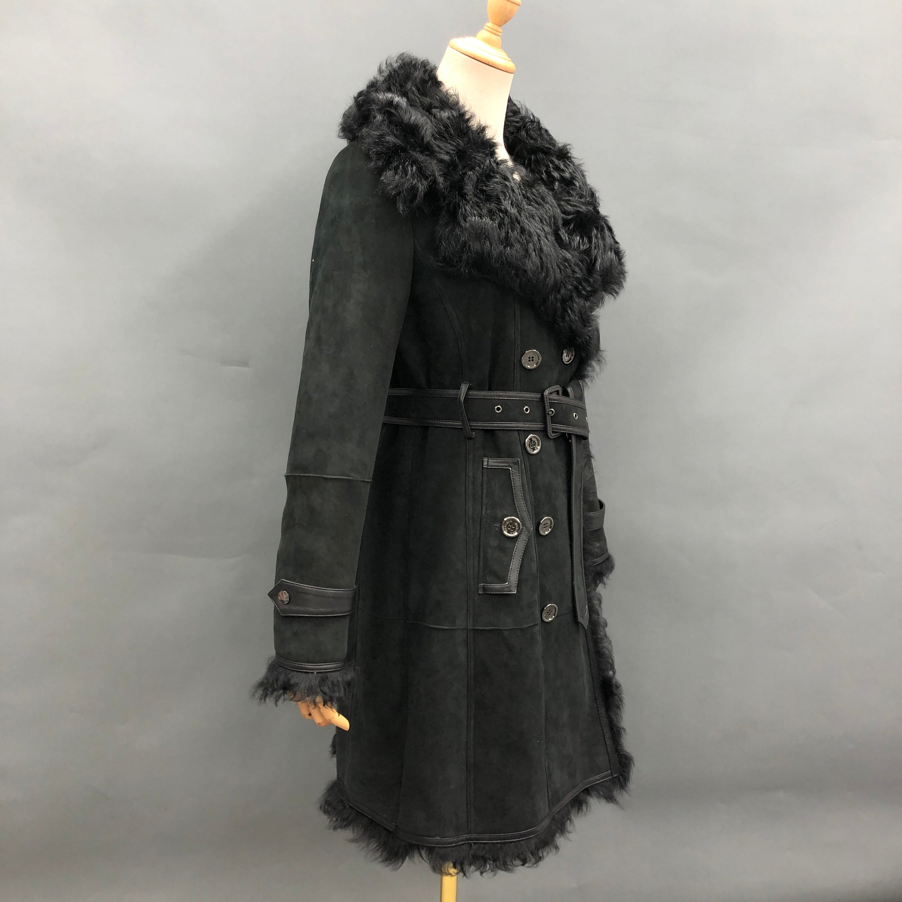 Women's Longline Double-Breasted Shearling Coat with Belted Waist, Fur Collar & Trim - Luxe Winter Outerwear