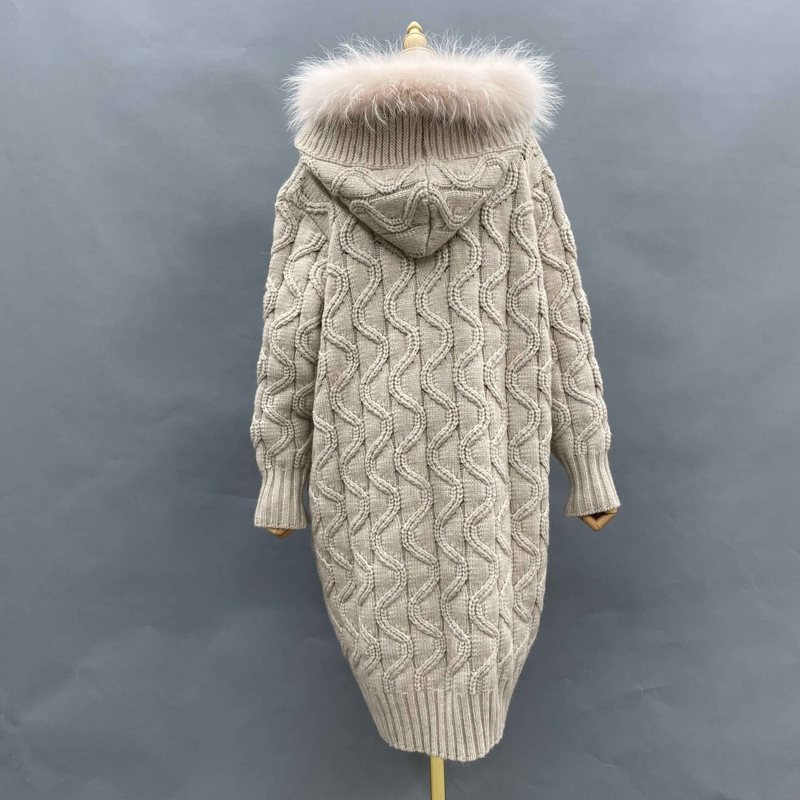 Women's Hooded Knitted Coat with Oversized Buttons, Raccoon Fur-Trimmed Hood & Wave-Knit Pattern - Luxe Winter Outerwear