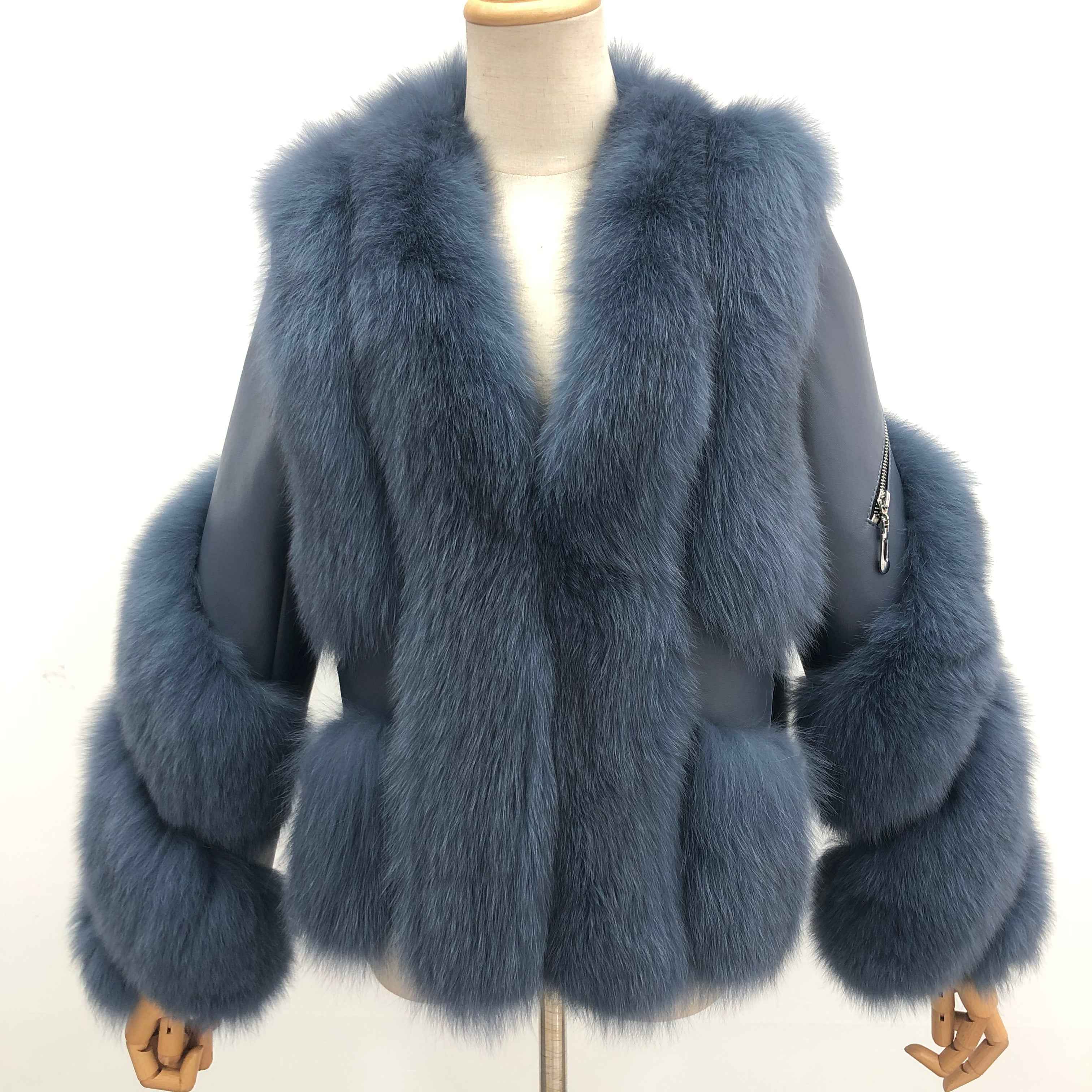 Luxury Blue Striped Fox Fur Coat with Leather Panels and Left Sleeve Zipper Detail Blue