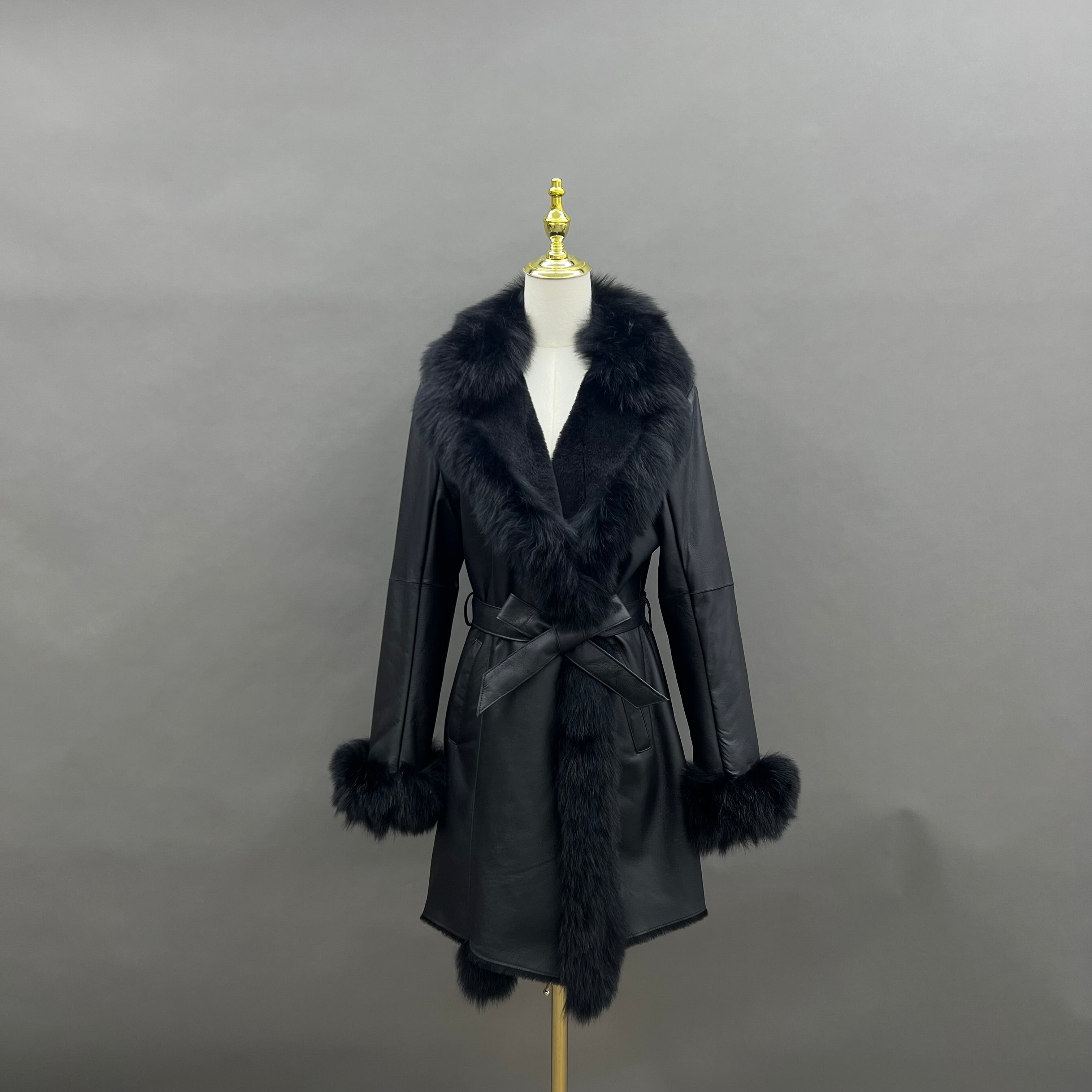 Women's Mid-Length Shearling Coat with Fox Fur Notched Lapel, Belted Waist & Cuff Trim - Luxe Winter Outerwear Black
