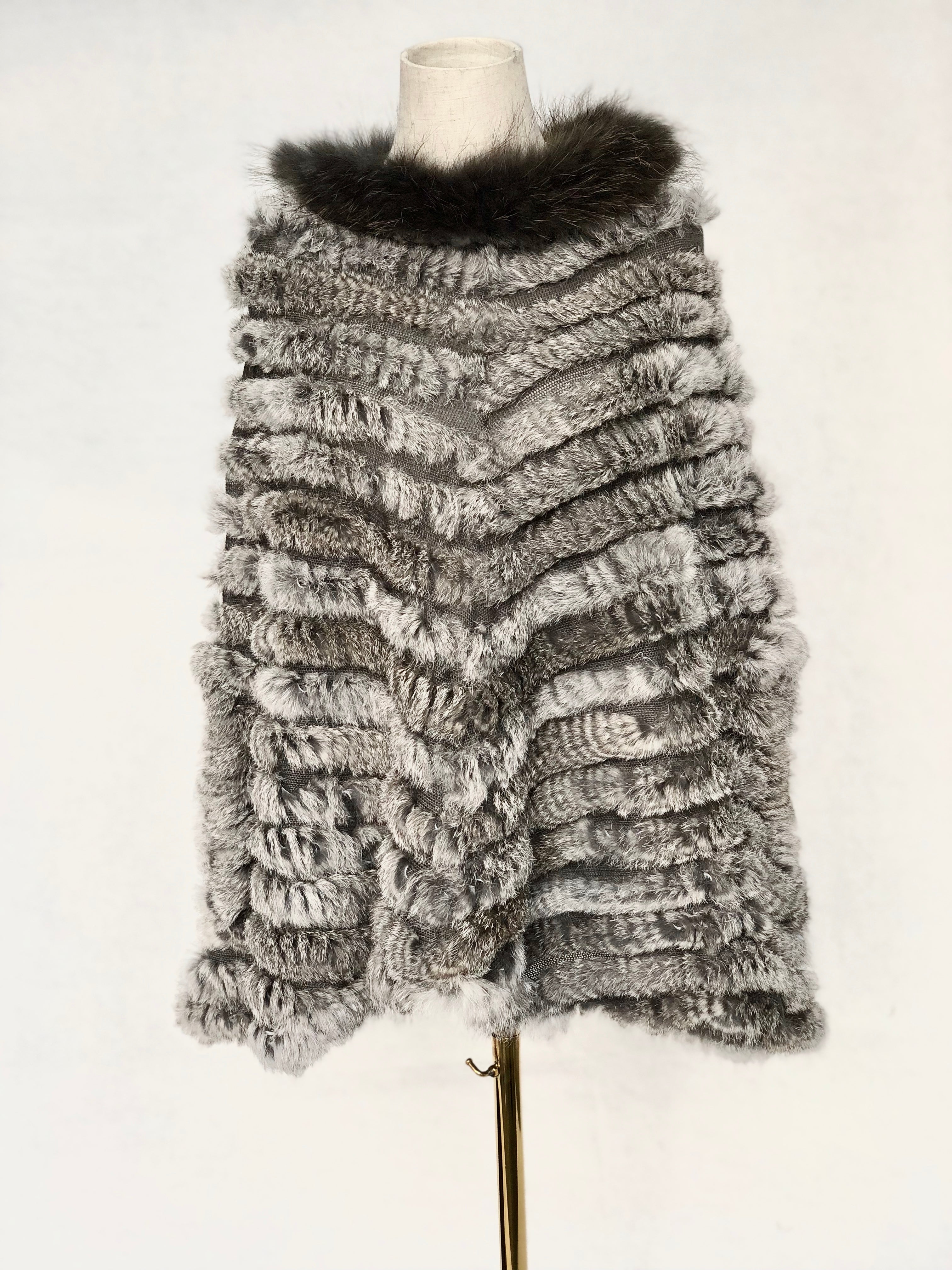 Women's Knitted Rabbit Fur Cape with Fox Fur Collar - Luxurious Winter Accessory