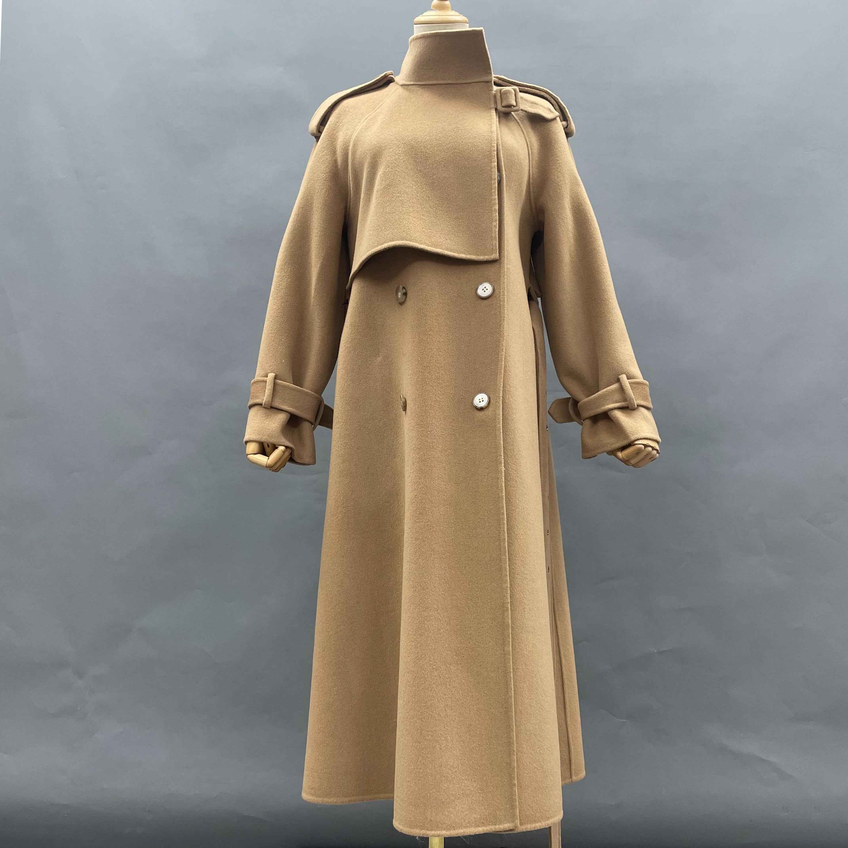Elegant Double-Breasted Cashmere Trench Coat – Long Wool Blend Overcoat for Women Khaki