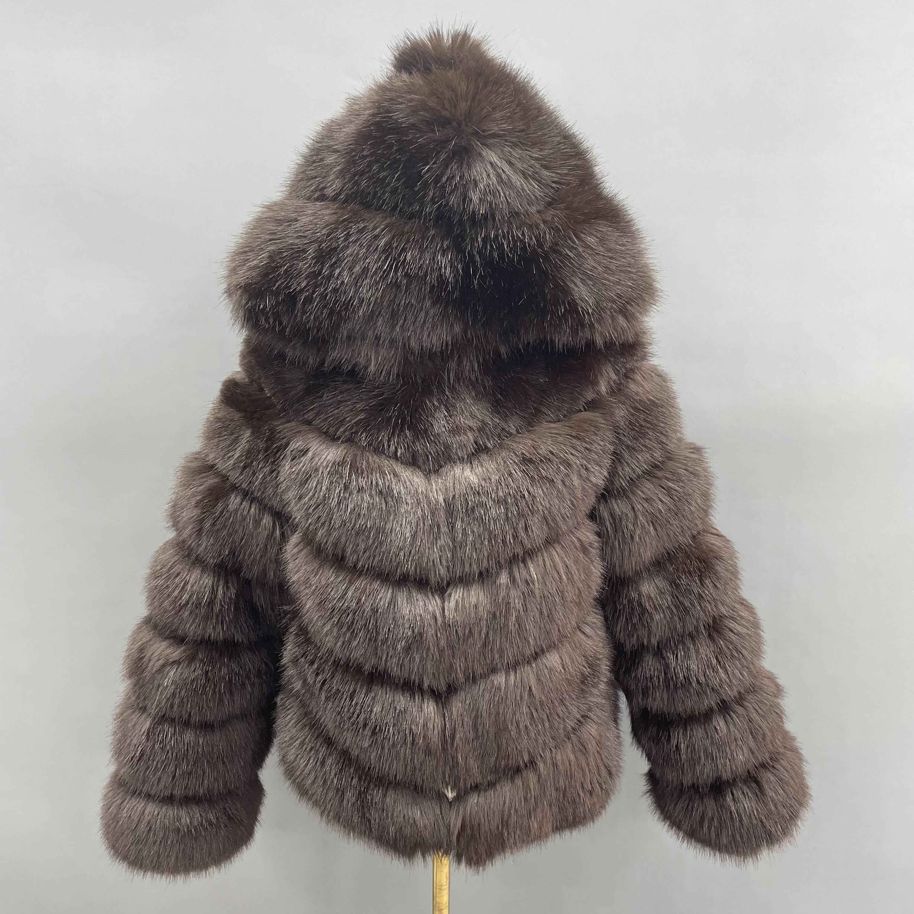 Women's 5-Panel Diagonal Stripe Hooded Faux Fur Coat - Highly Realistic Luxury Winter Outerwear Brown