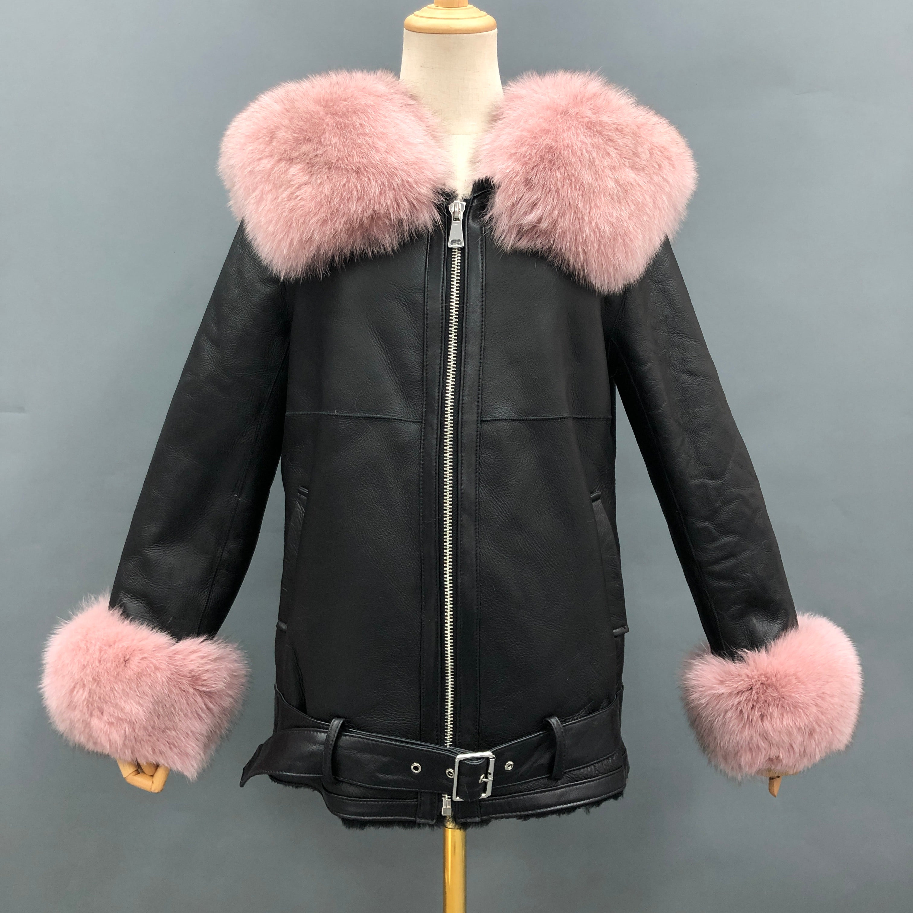 Women's Shearling Leather Jacket with Fox Fur Collar & Cuffs, Belted Waist - Luxe Winter Outerwear