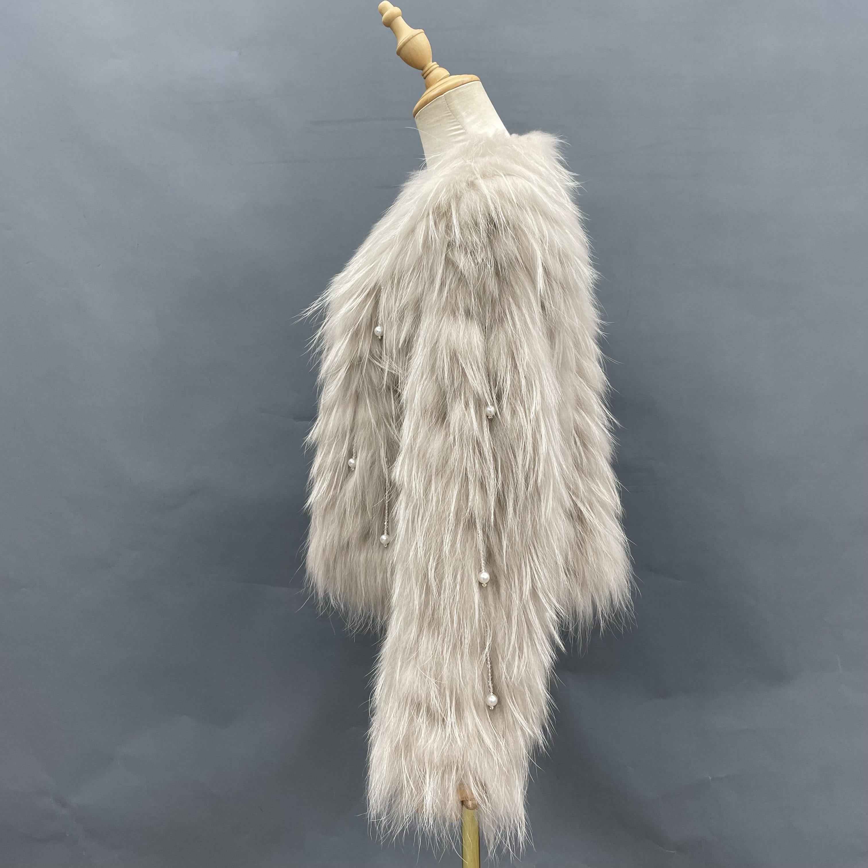 Women's Glam Turquoise Raccoon Fur Jacket - Pearl Tassel Striped Cropped Party Outerwear