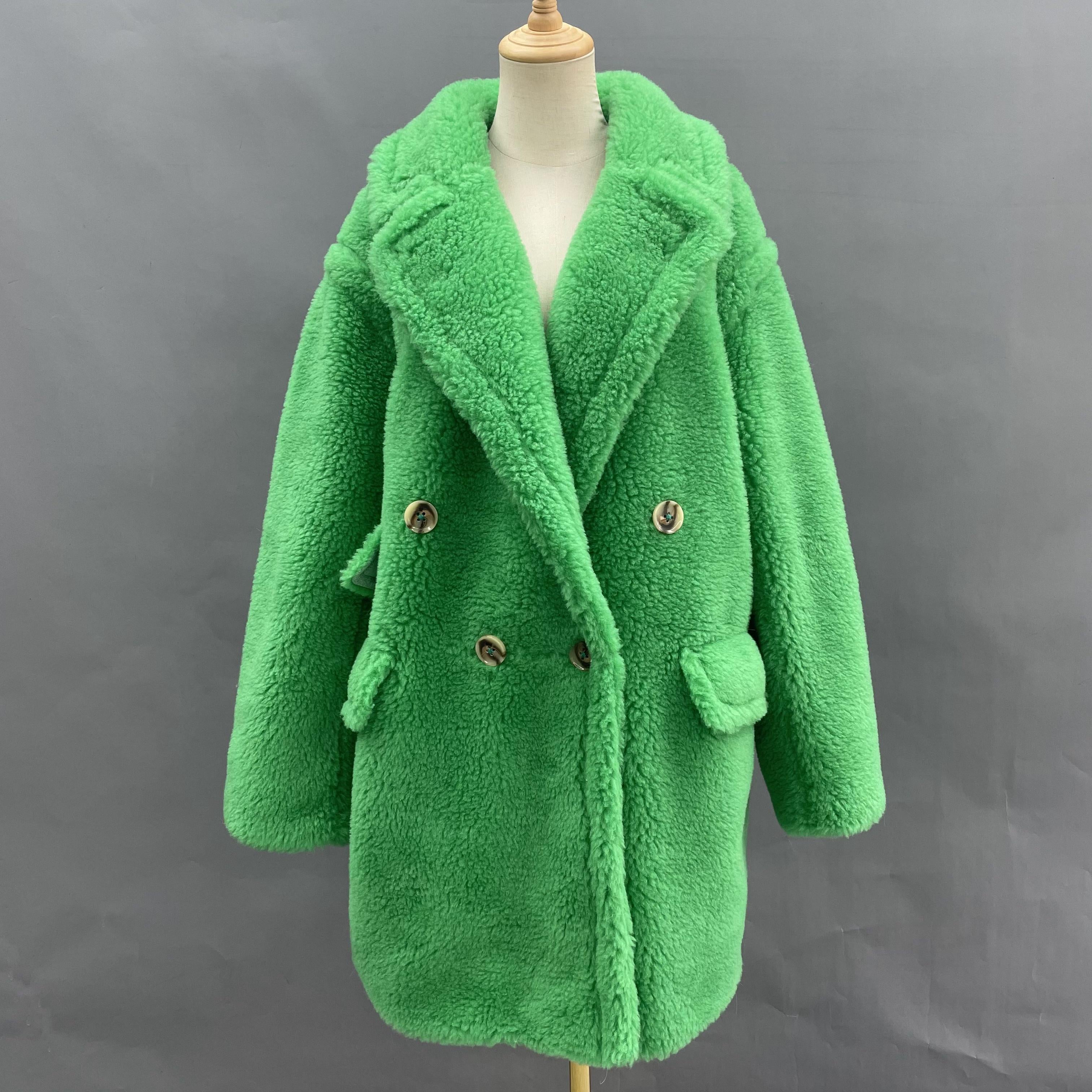Women's Lime Green Sheepskin Shearling Coat with Asymmetric Pocket Flaps, Double-Breasted Notched Lapel - Luxe Winter Outerwear