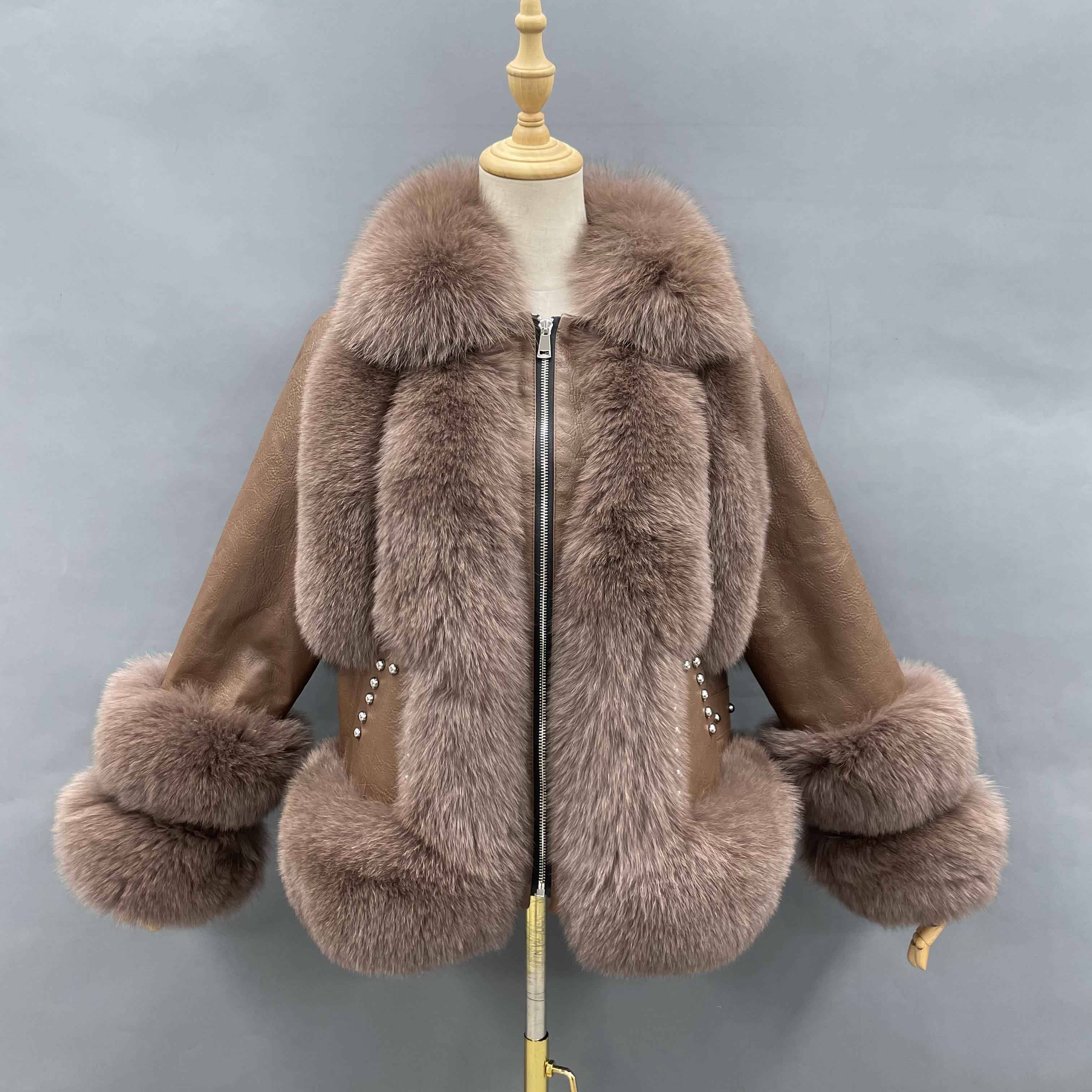 Women's Premium Fluffy Fox Fur Cropped Jacket - Two-Panel Fur Cuffs & Leather Patchwork with Zipper - Winter Chic Warm Luxury Outerwear Brown