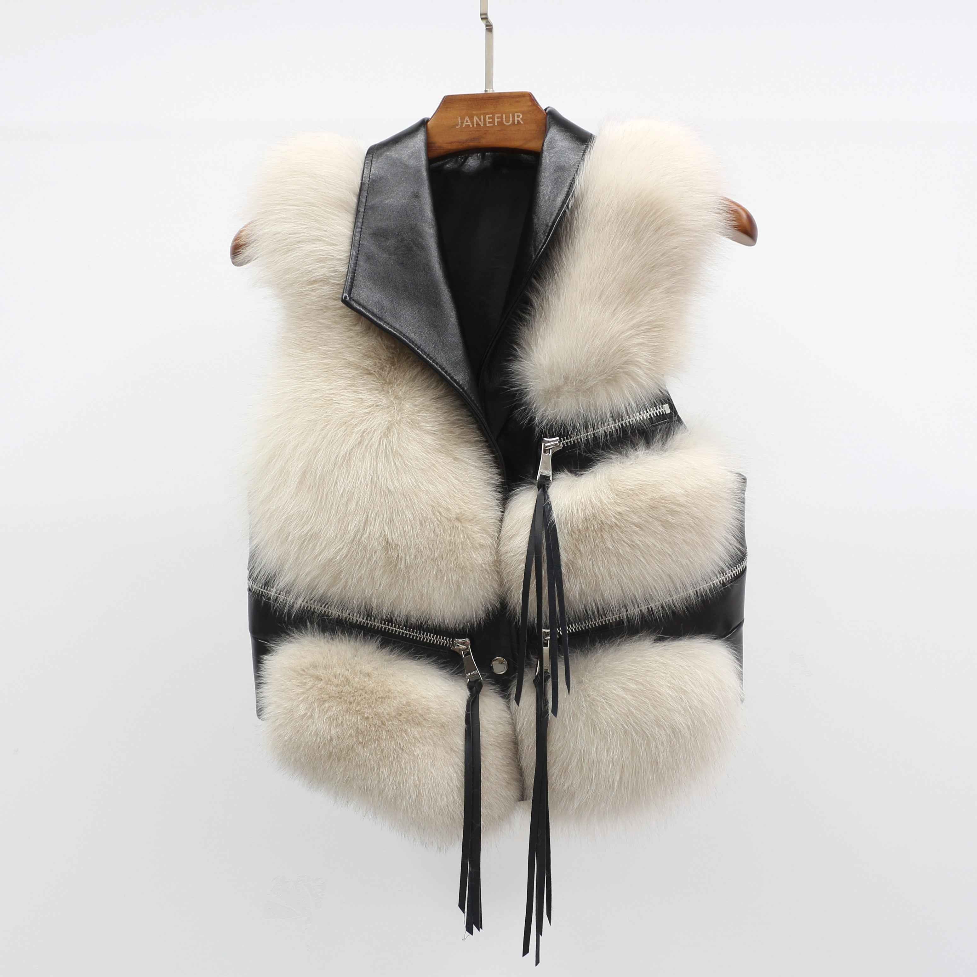 Women's Edgy Fox Fur Vest - Asymmetric Zipper Detail Fashion Outerwear White