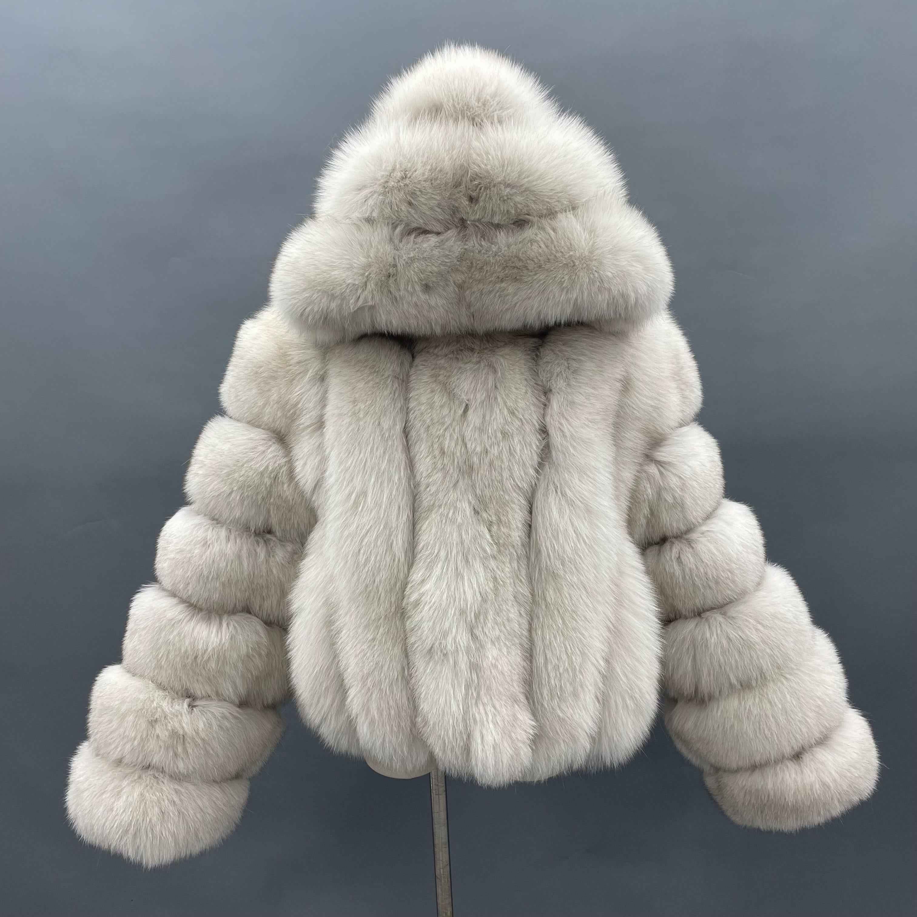 Women's Luxury Fox Fur Hooded Jacket - Versatile Style Winter Fashion Outerwear White