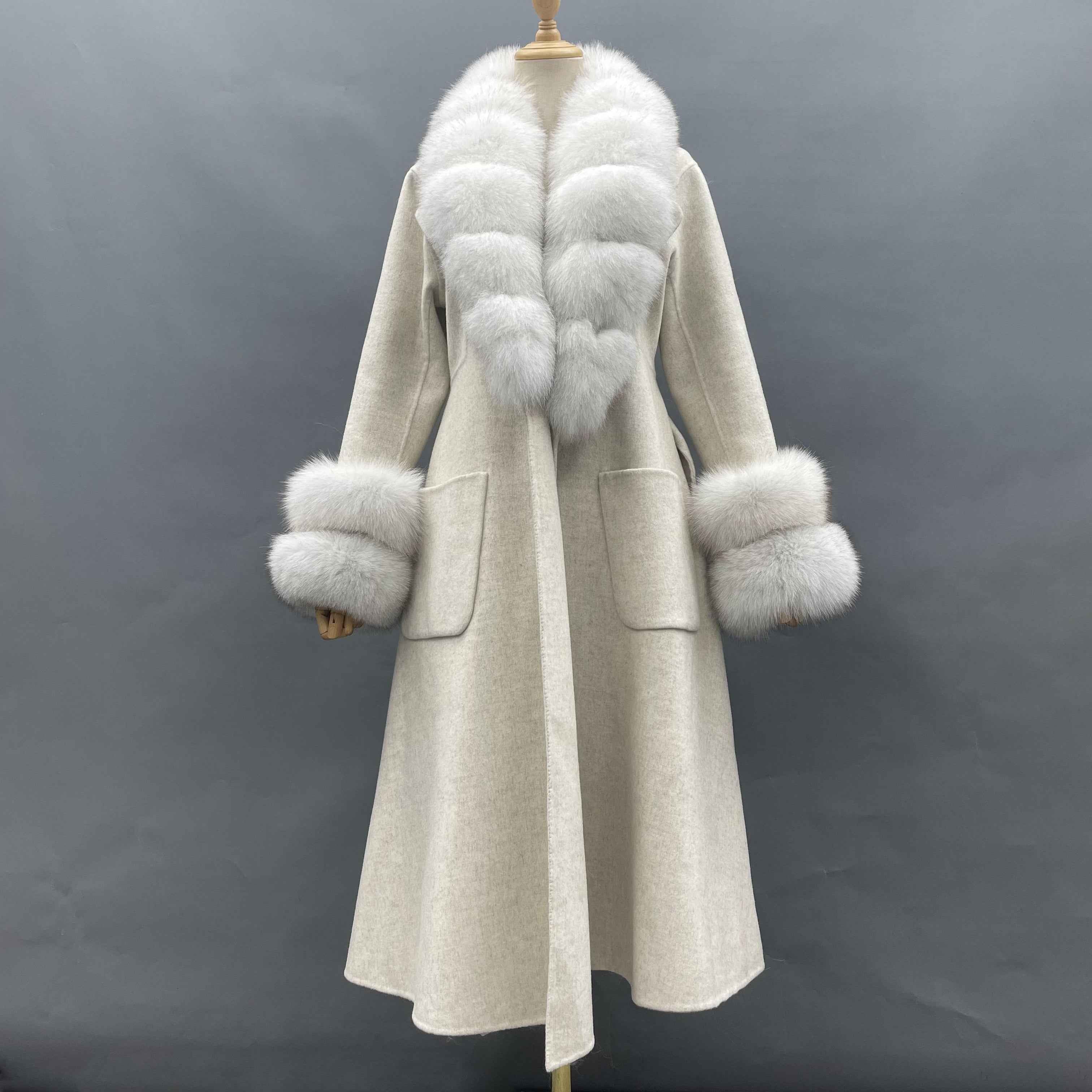 Women's Luxury Double - Faced Wool Coat with Segmented Fox Fur Collar, Two - Section Cuffs, Flared Skirt & Belt Beige