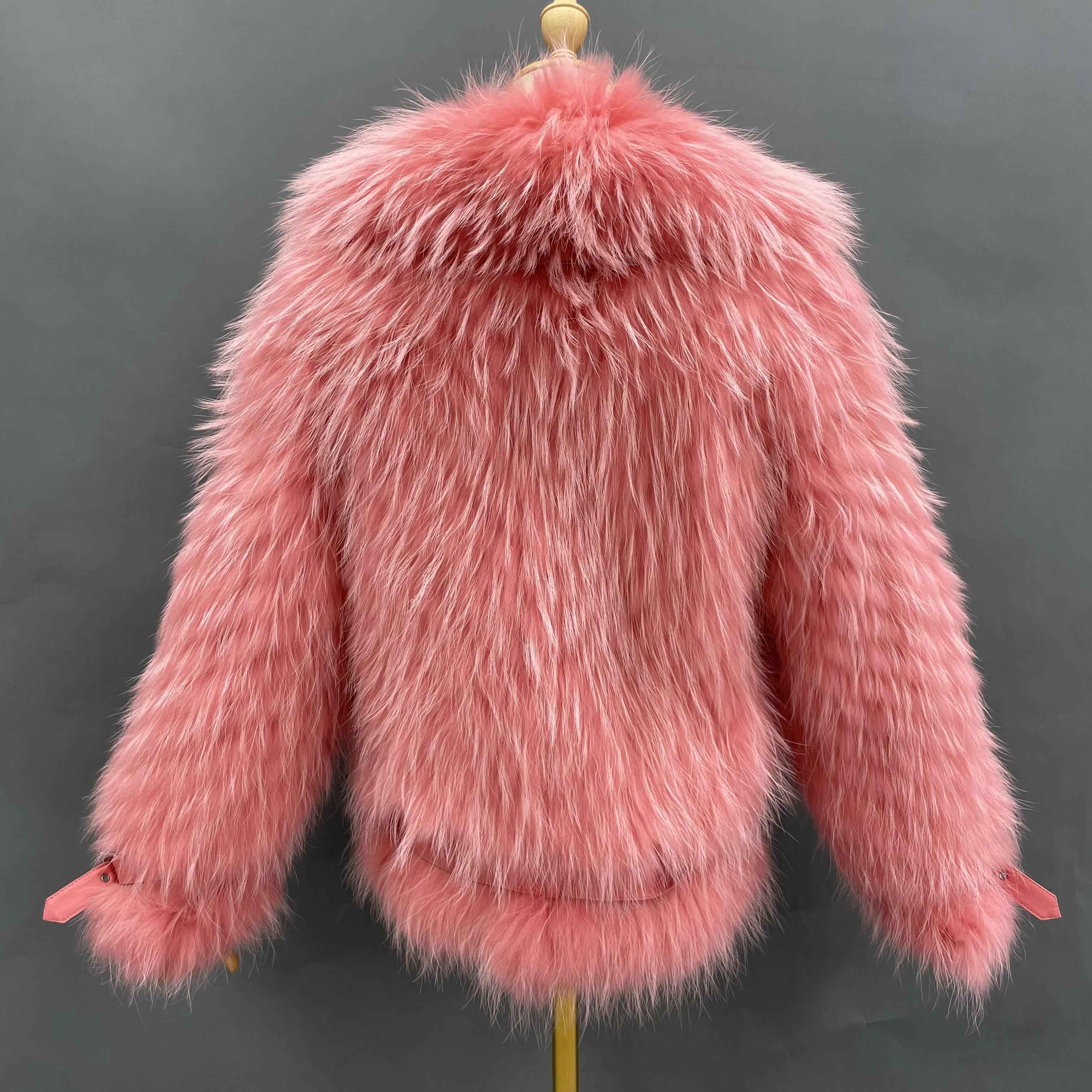 Women's Edgy Pink Raccoon Fur Biker Jacket - Belted Cuffs & Waist Daily Wear Winter Outerwear