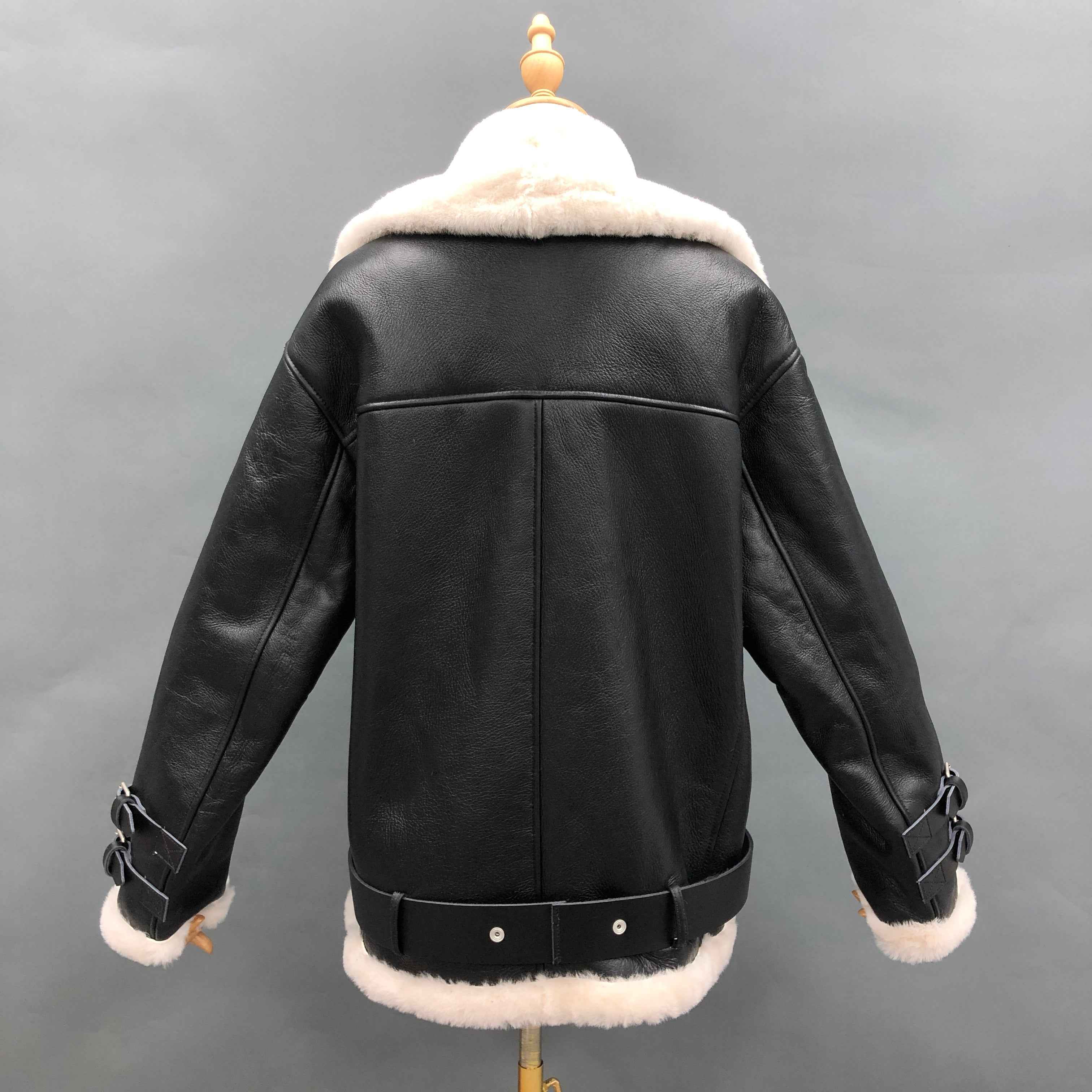 Women's Shearling Biker Jacket with Buckle Strap Cuffs & Contrast Fur Trim - Luxe Moto-Style Outerwear