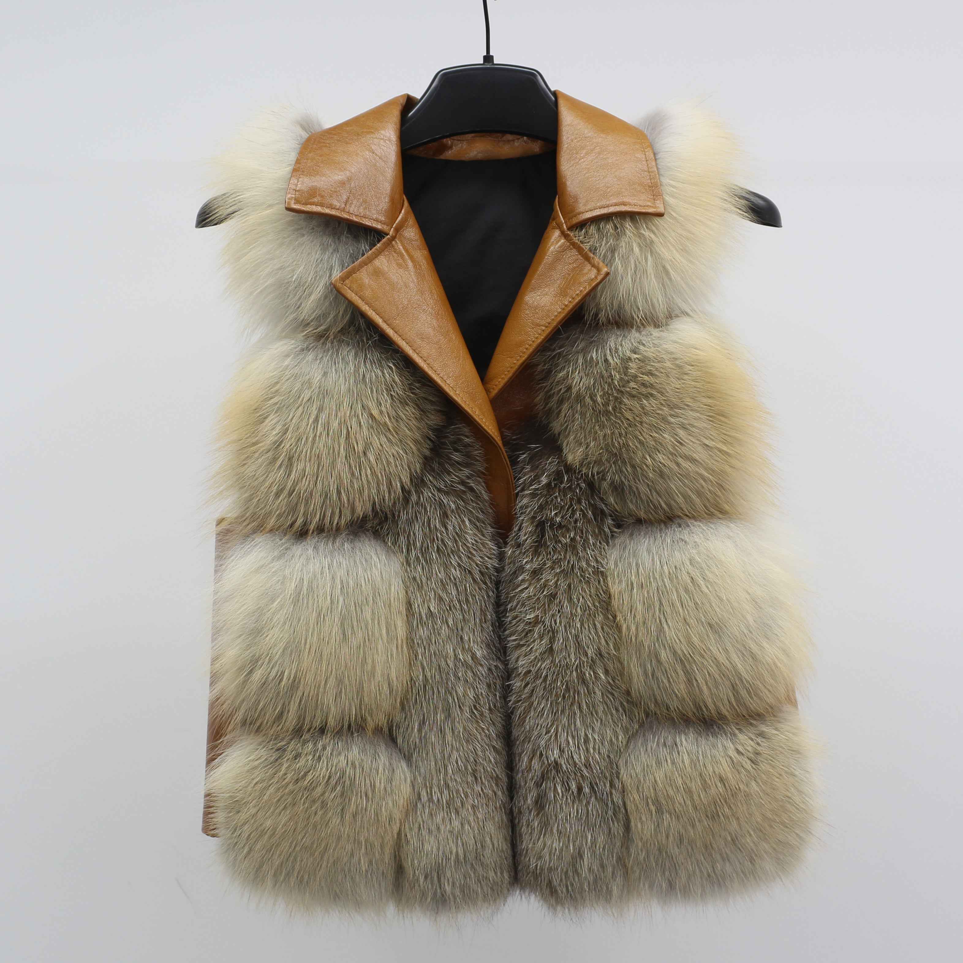 Women's Luxury Fox Fur Vest - Notched Lapel Elegant Outerwear Golden