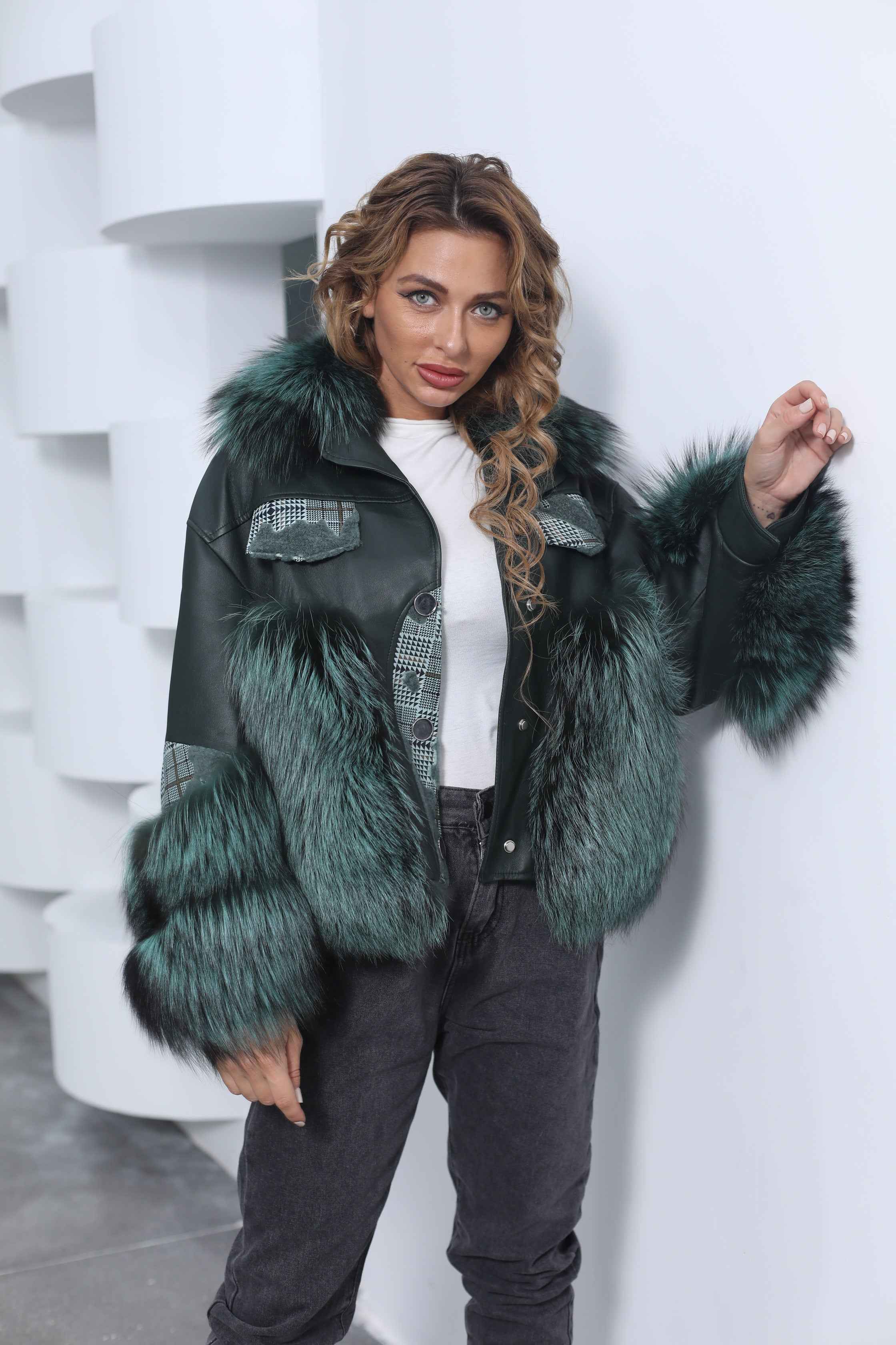 Women's Luxury Teal Fox Fur & Leather Patchwork Jacket - Plaid Detail Button Closure Cropped Winter Fashion Outerwear