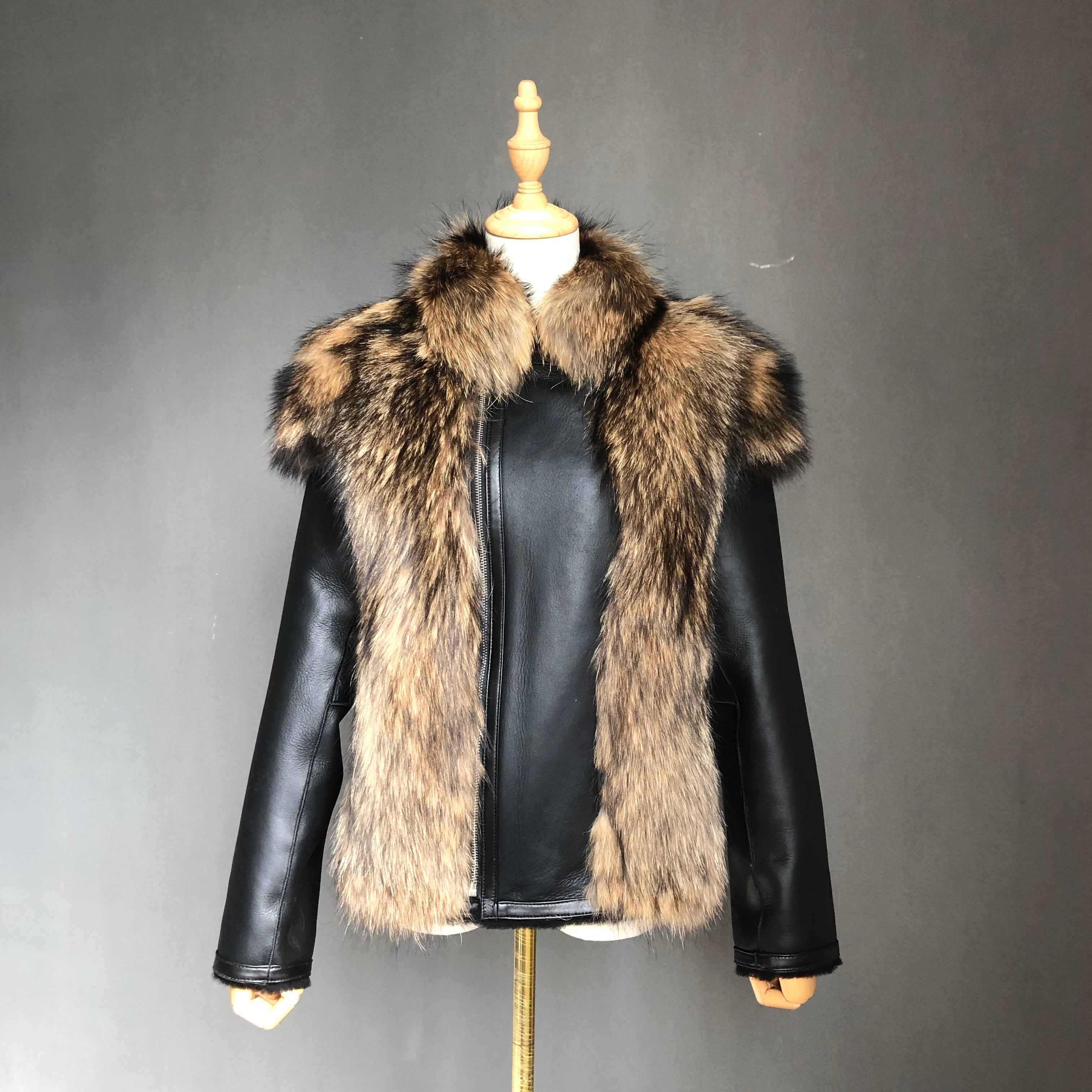Women's Shearling Leather Coat with Raccoon Fur Trim - Windproof Luxury Winter Outerwear Golden