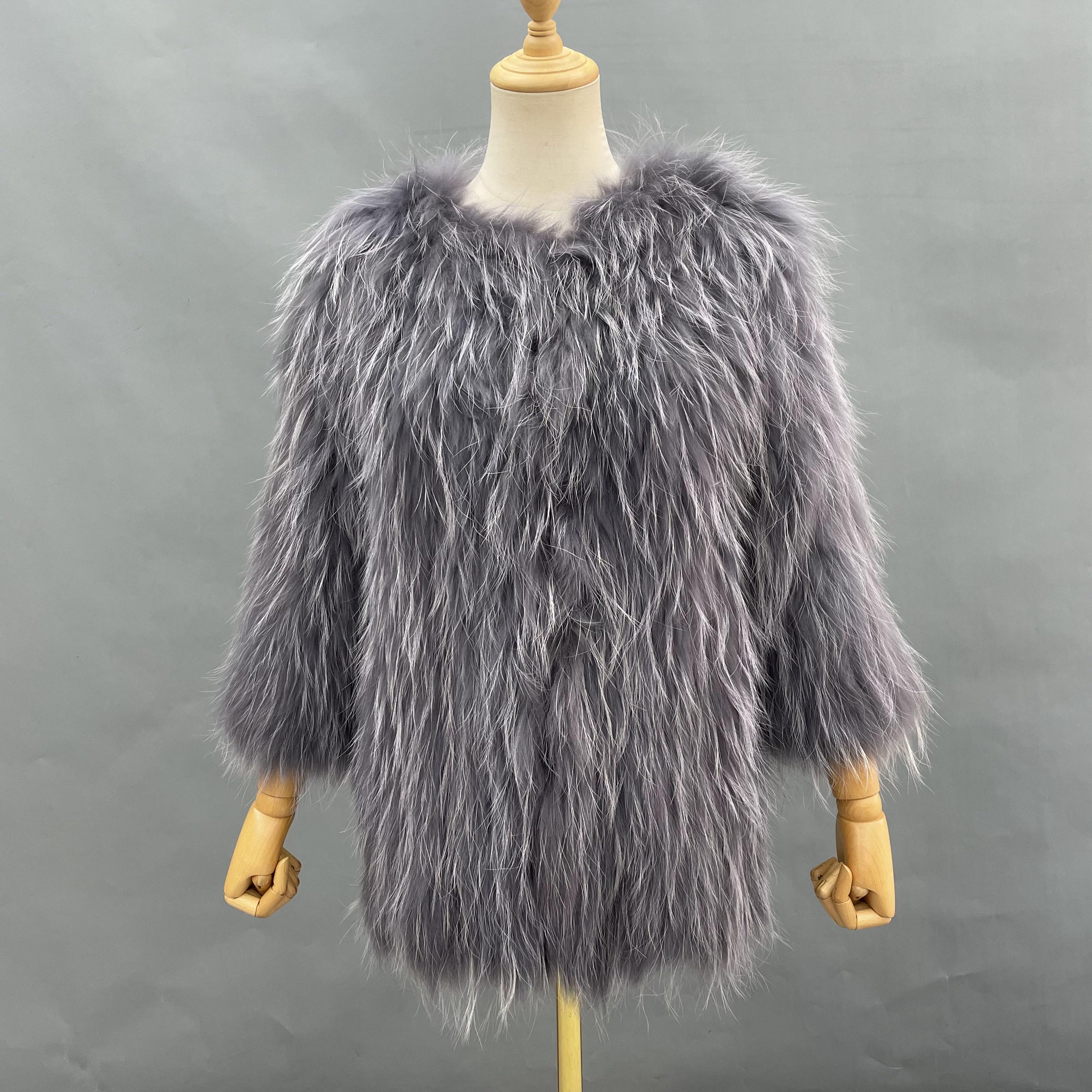 Women's Knitted Raccoon Dog Fur Mid-Length Coat with Crew Neck - Luxurious Winter Outerwear
