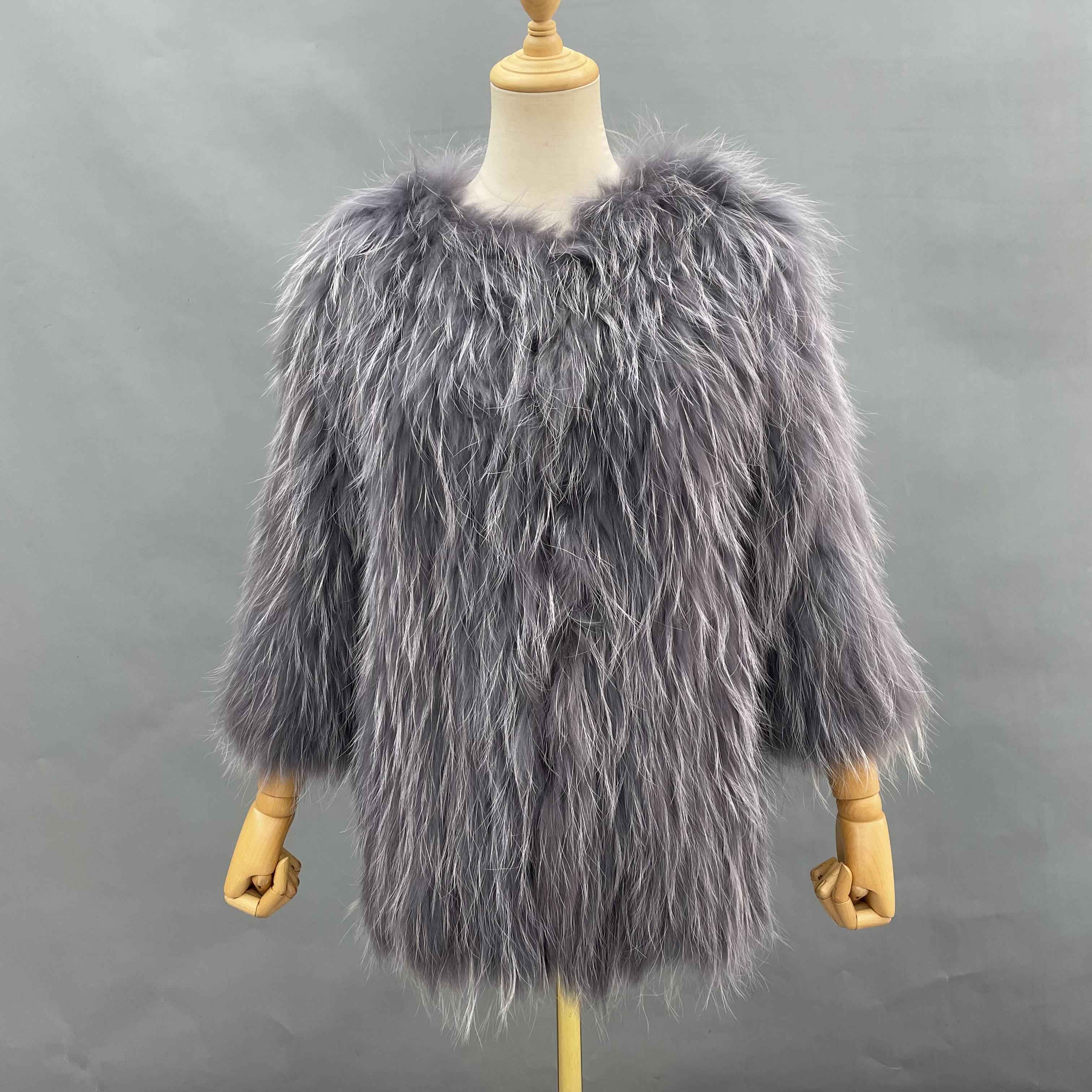 Women's Knitted Raccoon Dog Fur Mid-Length Coat with Crew Neck - Luxurious Winter Outerwear