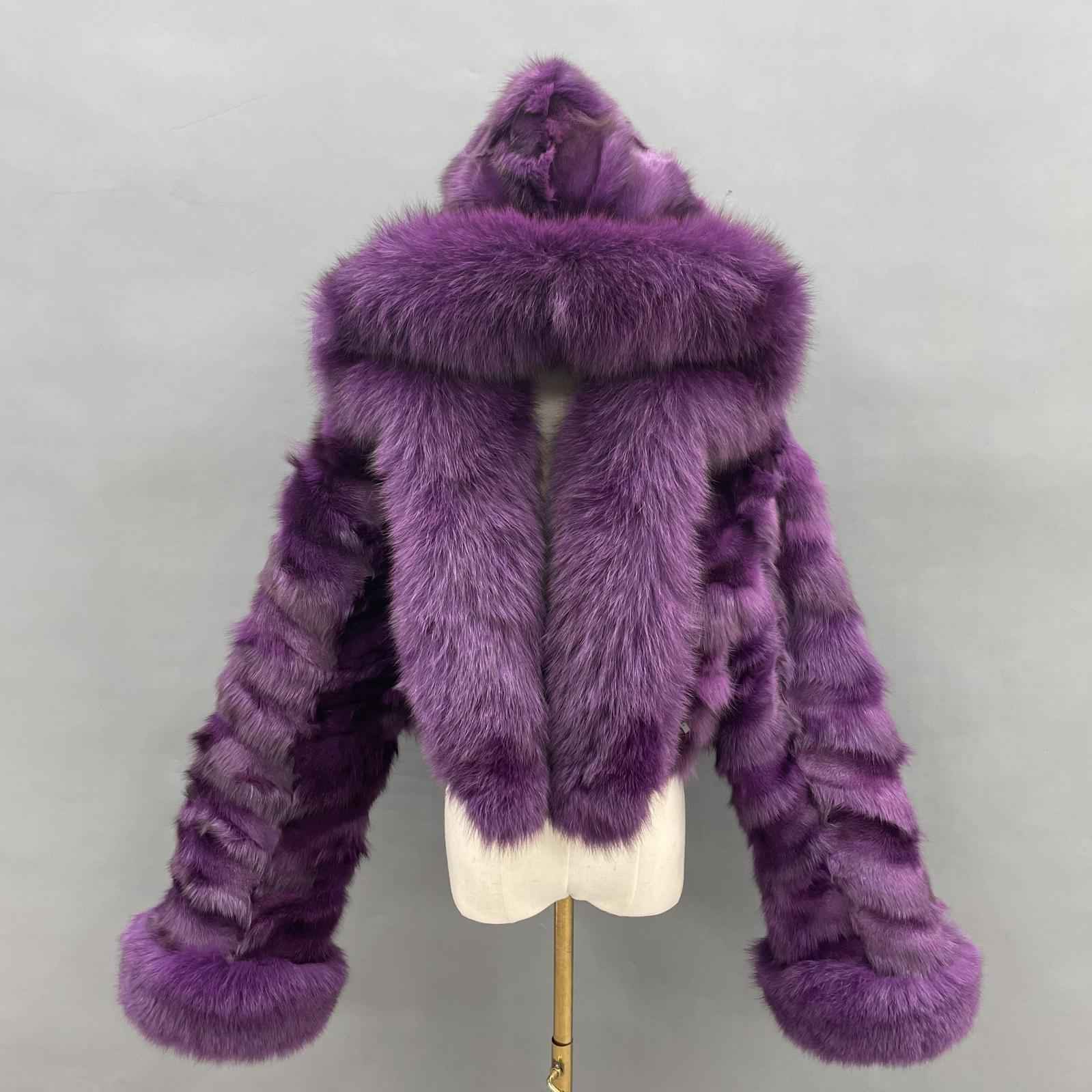 Fox Fur Coat for Women Luxurious Fox Fur Placket Hooded Zippered Jacket Deep purple