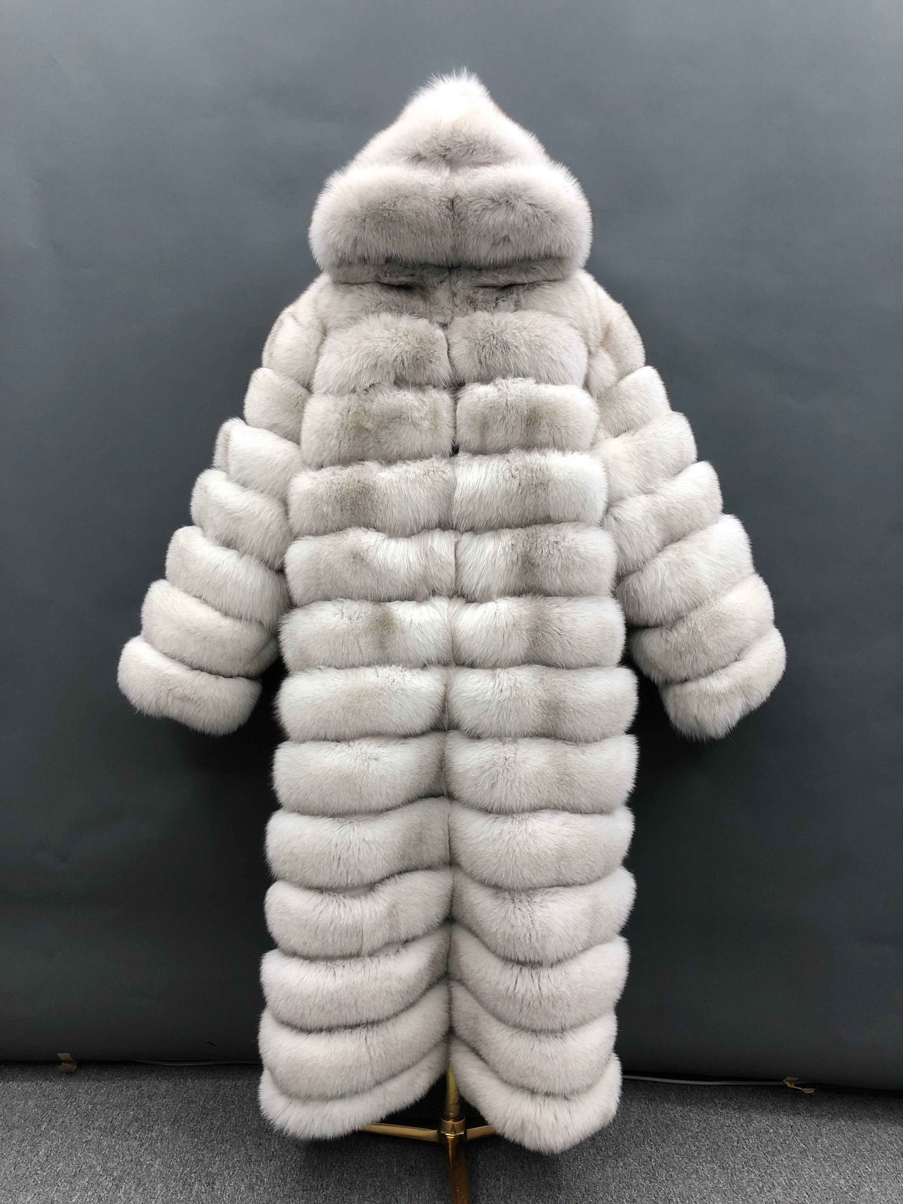 Women's Bold Color Fox Fur Hooded Maxi Coat - Multi-Layered Winter Luxury Jacket White