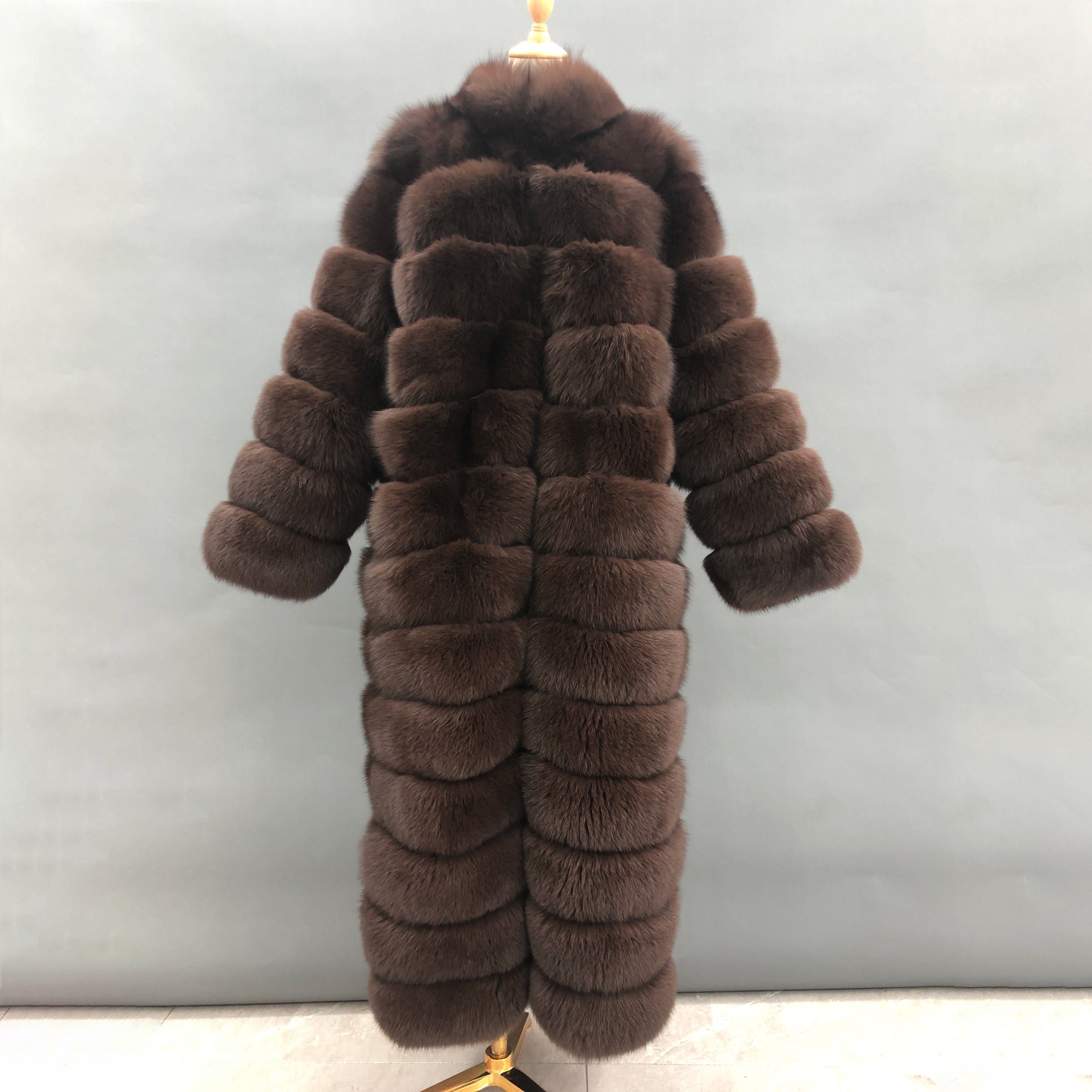 Women's Premium Dark Brown Fluffy Fox Fur Long Coat - Layered Stand Collar Winter Chic Warm Jacket