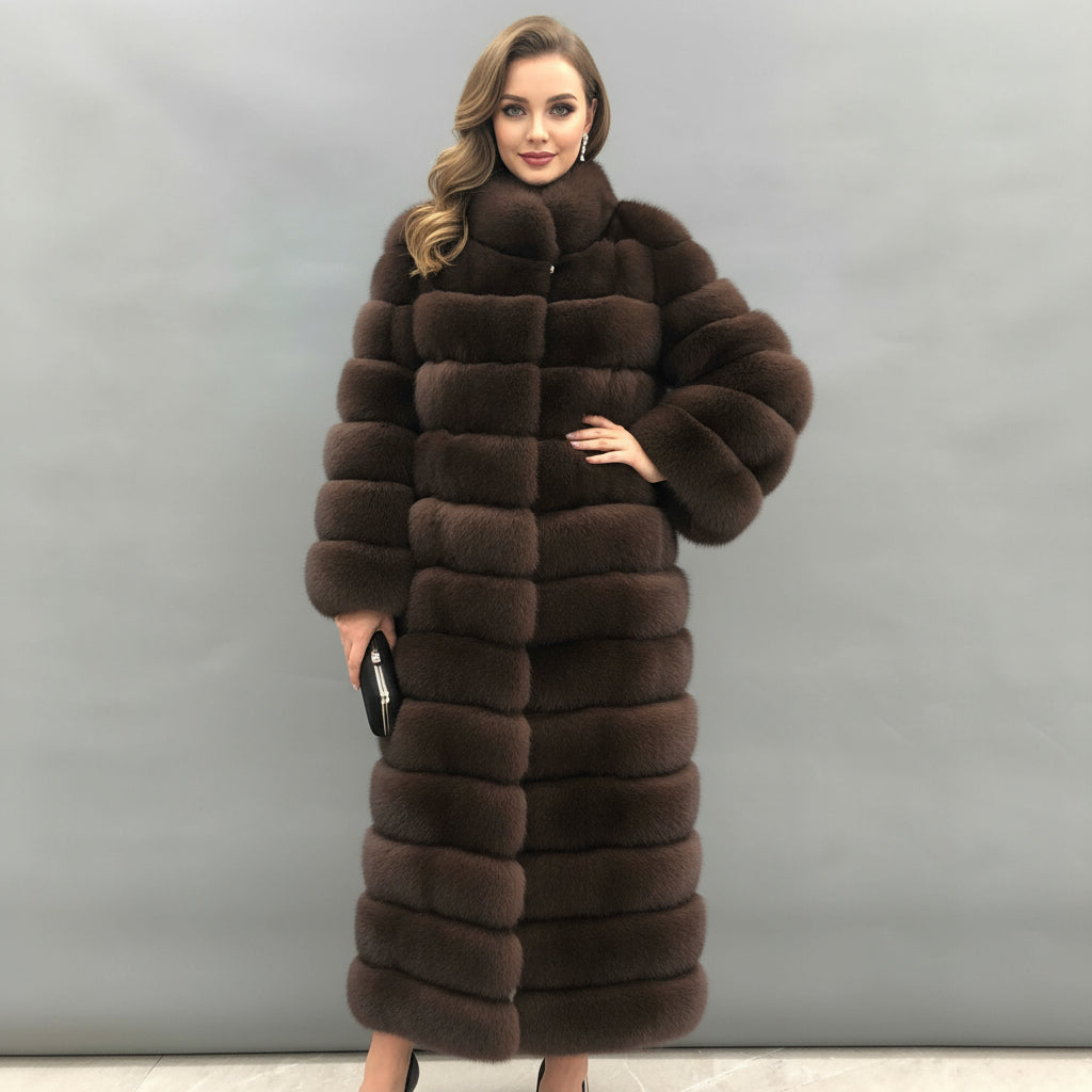 Women's Premium Dark Brown Fluffy Fox Fur Long Coat - Layered Stand Collar Winter Chic Warm Jacket